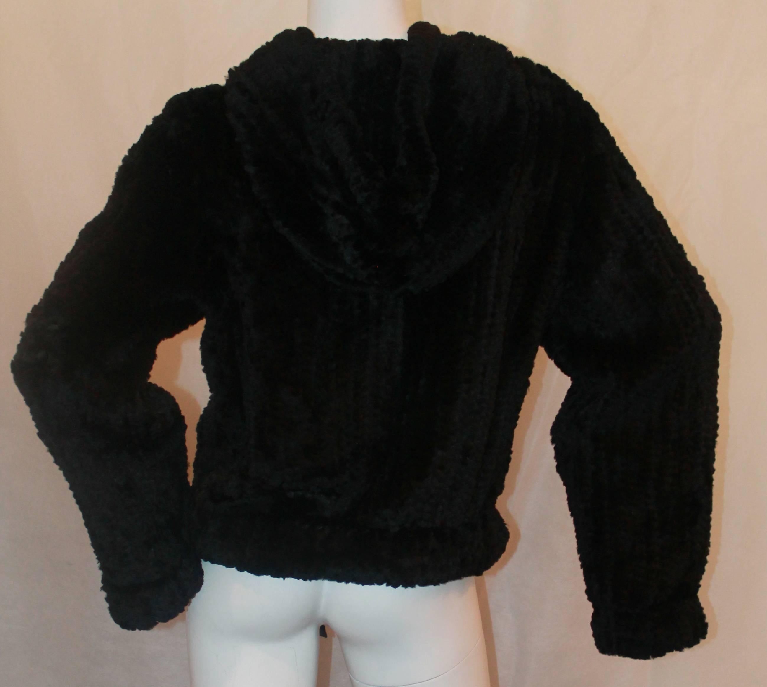 Sonia Rykiel Black Rabbit Knit Fur Zip Up Jacket w/ Hood-Medium - Circa 90's In Excellent Condition In West Palm Beach, FL