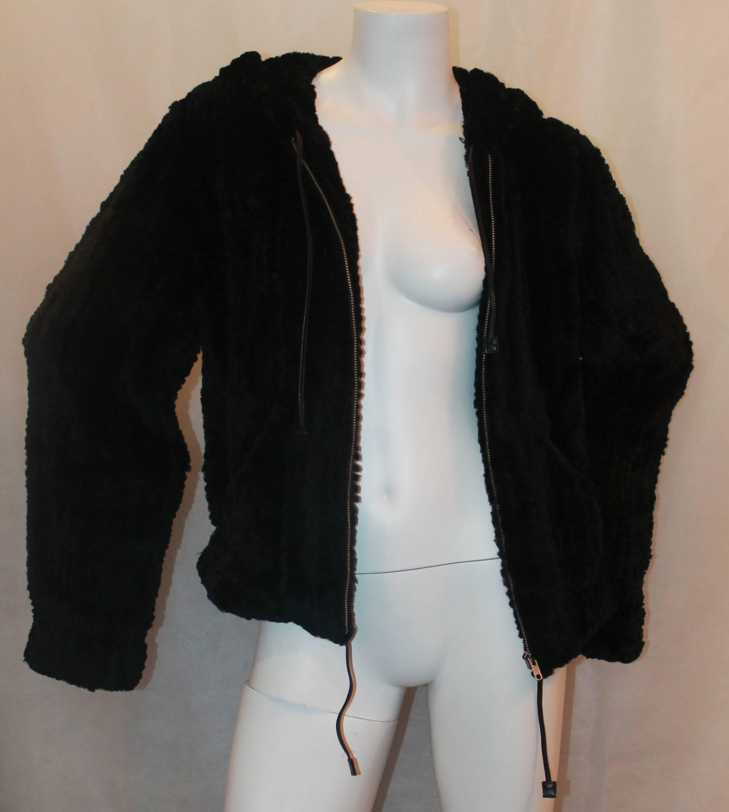 Women's Sonia Rykiel Black Rabbit Knit Fur Zip Up Jacket w/ Hood-Medium - Circa 90's