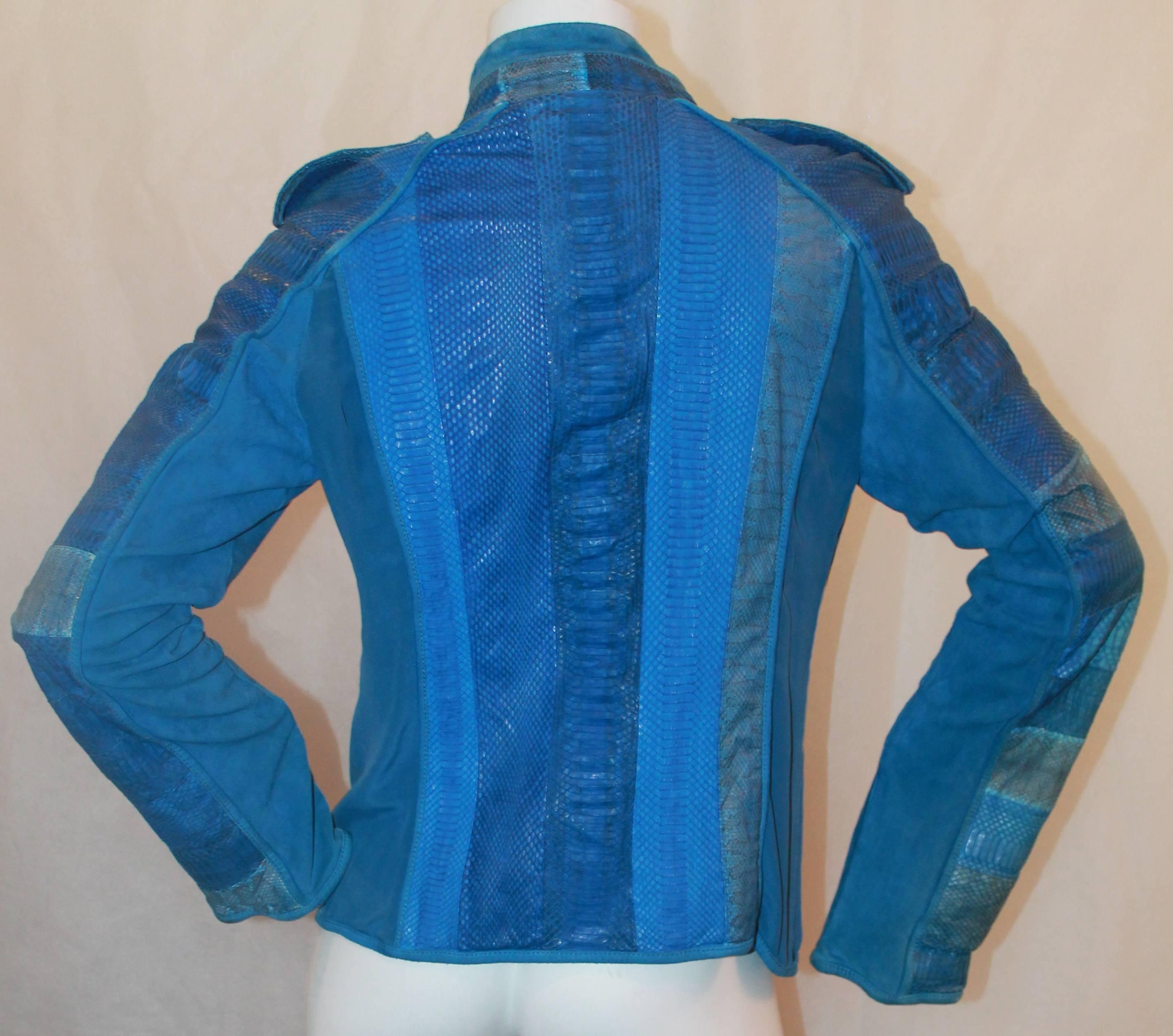 Women's Roberto Cavalli Blue Silk, Snake, & Suede Jacket - 42