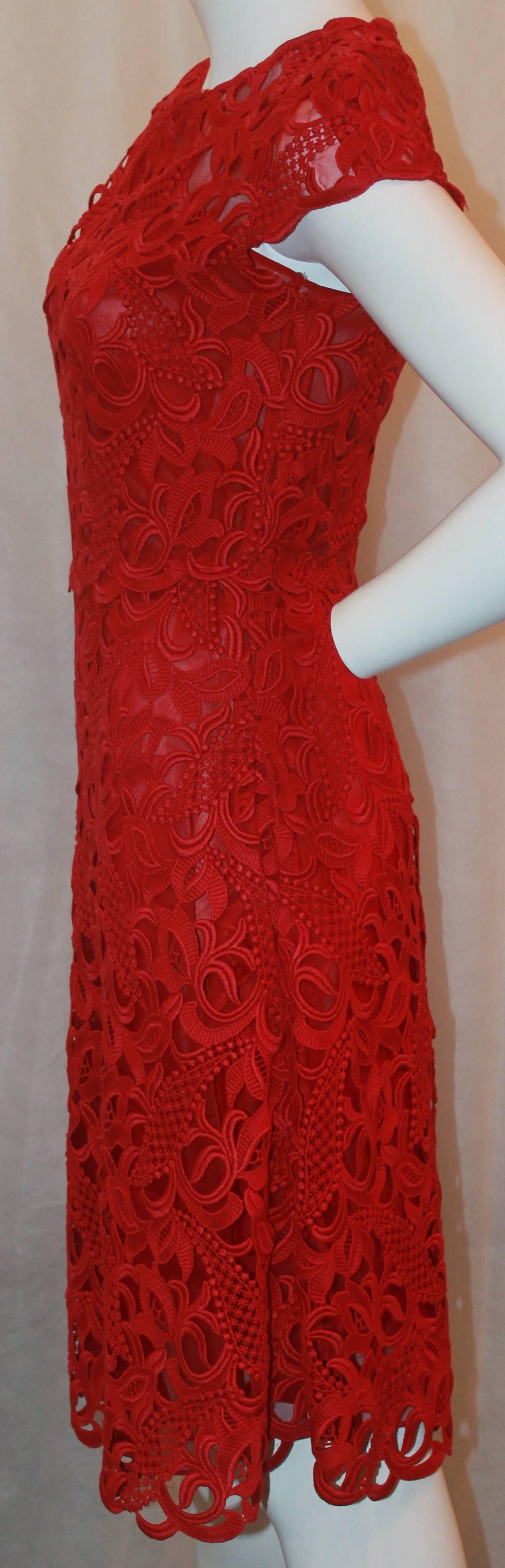 Valentino Red Soutache Lace Dress - Small In Excellent Condition In West Palm Beach, FL