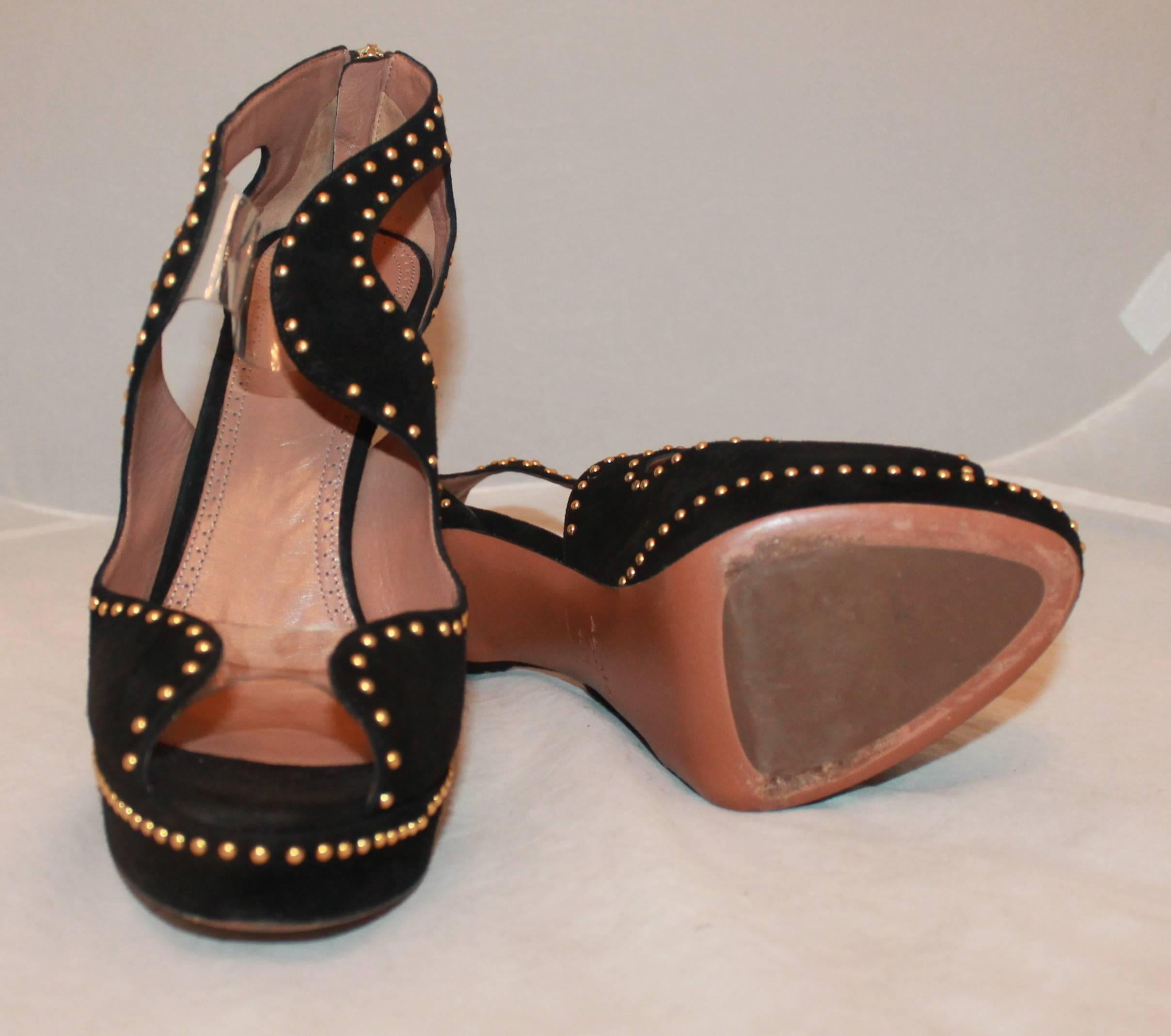 Women's or Men's Alaia Black Suede Cutout Platform Heels with Small Gold Studs - 40.5