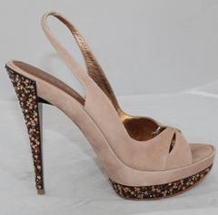 Casadei Tan Suede Open-Toe Platform Slingback Heels w/ Swarovski Crystals - 11
