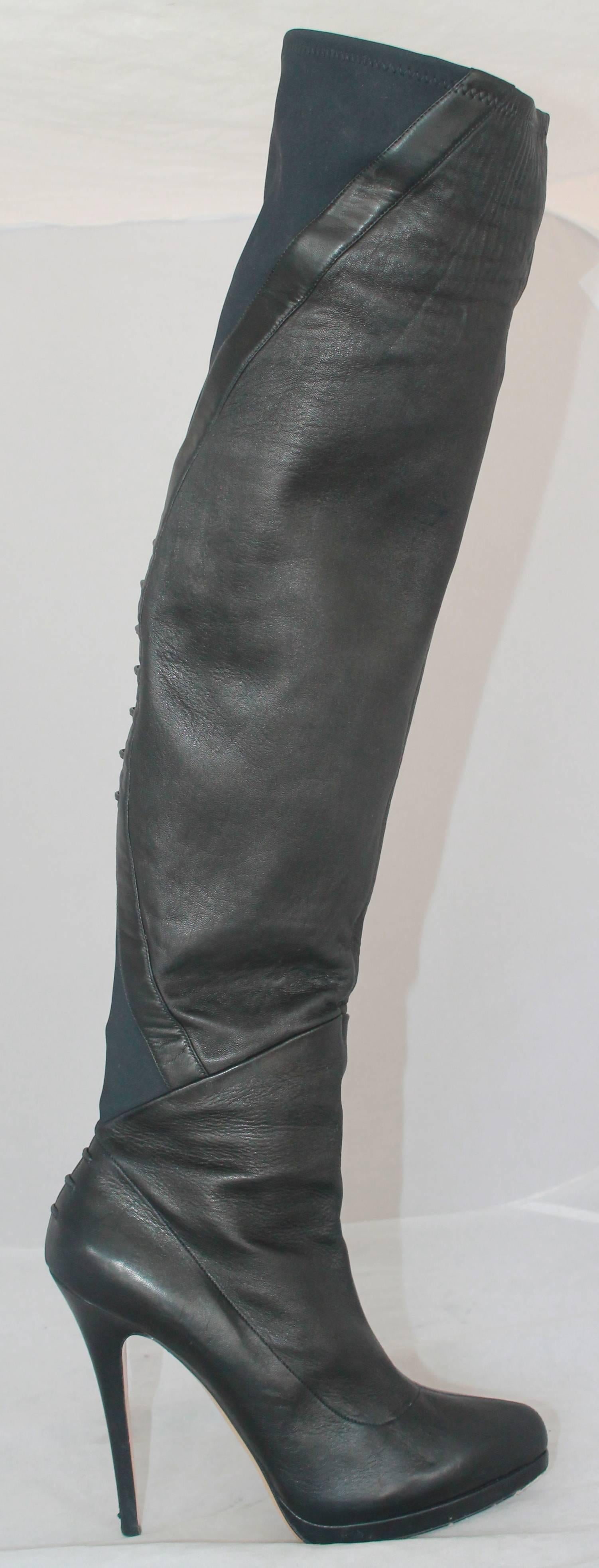 Casadei Black Leather and Neoprene Thigh-High Boots - 11

These boots are in good condition with noticeable wear on bottoms and heel. They are leather with neoprene on the back of the upper calf. 

Measurements:

Heel - 5.5"
Length -