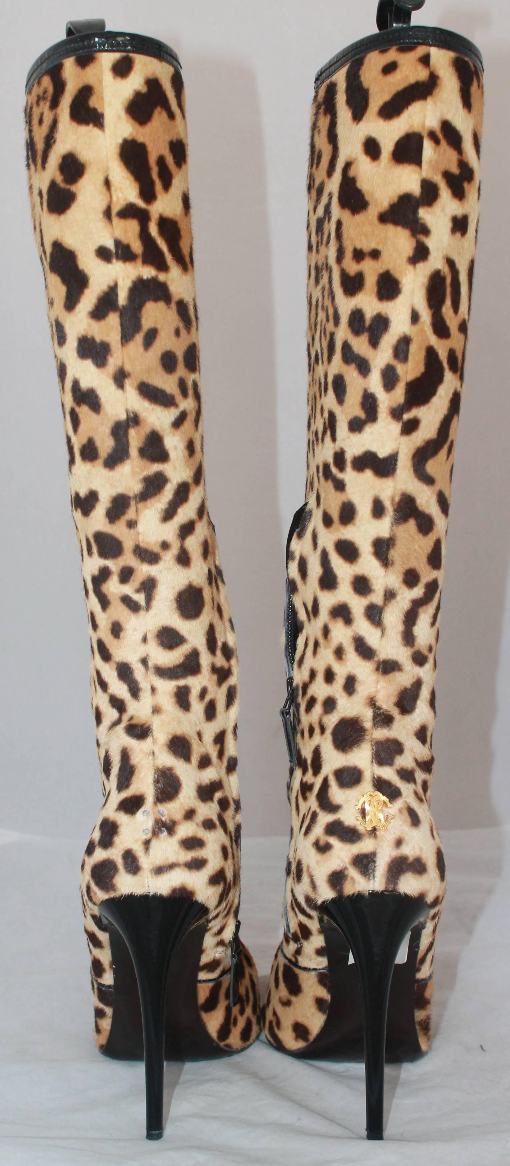 Beige Roberto Cavalli Leopard Print Pony Hair Knee High Stilleto Boots - 40