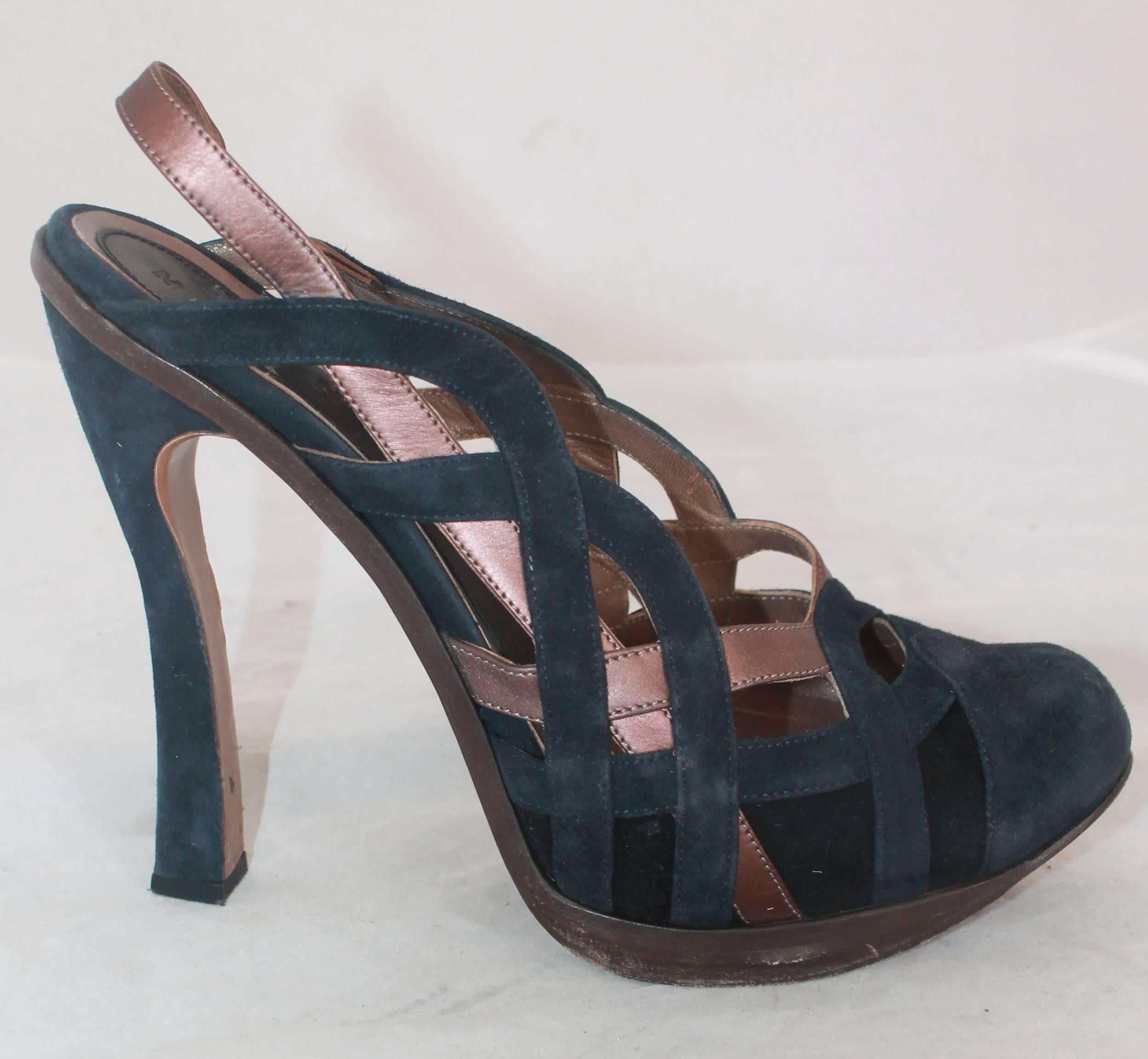 Marni Navy & Brown Woven Suede Pumps w/ Slingback Strap & Removable Bows - 40.  These lovely pumps are in good condition with only slight peeling and wear on the sole.  They feature a beautiful woven design, a front platform, a slingback strap, a