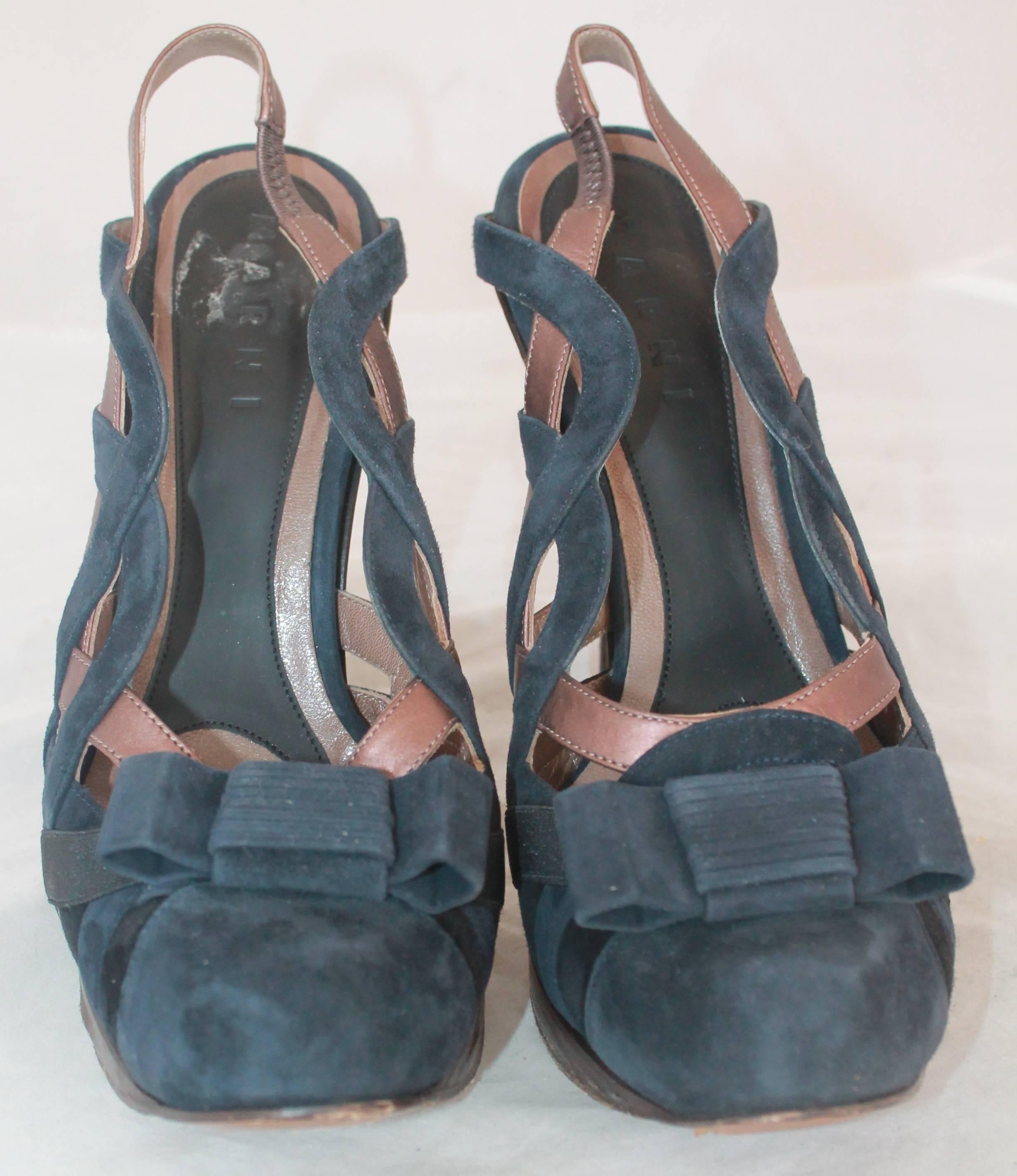 Black Marni Navy & Brown Woven Suede Pumps w/ Slingback Strap & Removable Bows - 40