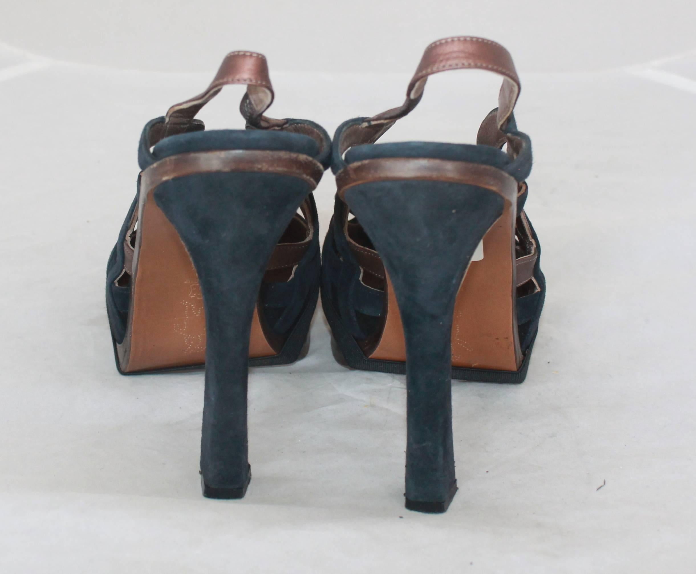Marni Navy & Brown Woven Suede Pumps w/ Slingback Strap & Removable Bows - 40 In Good Condition In West Palm Beach, FL