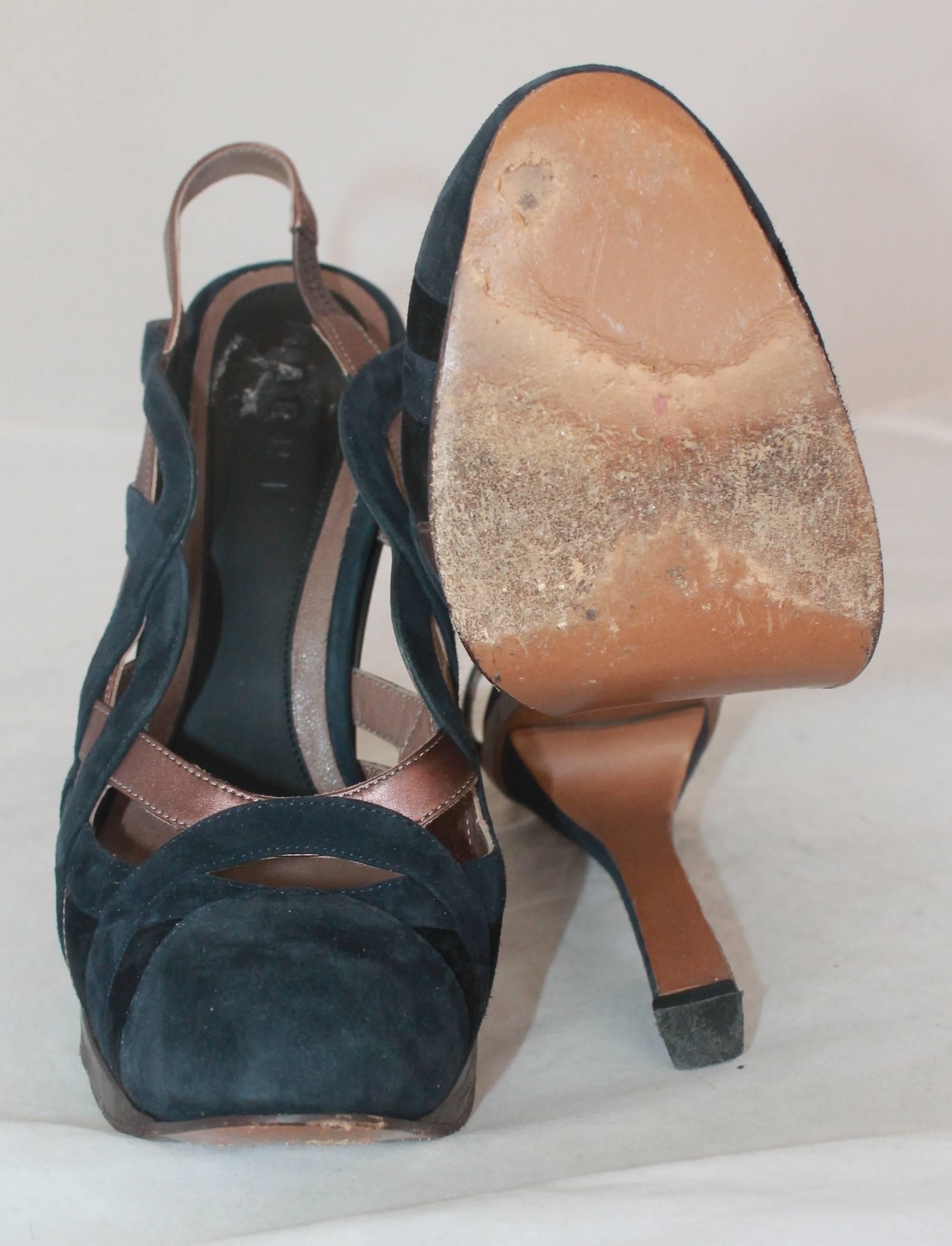 Women's Marni Navy & Brown Woven Suede Pumps w/ Slingback Strap & Removable Bows - 40