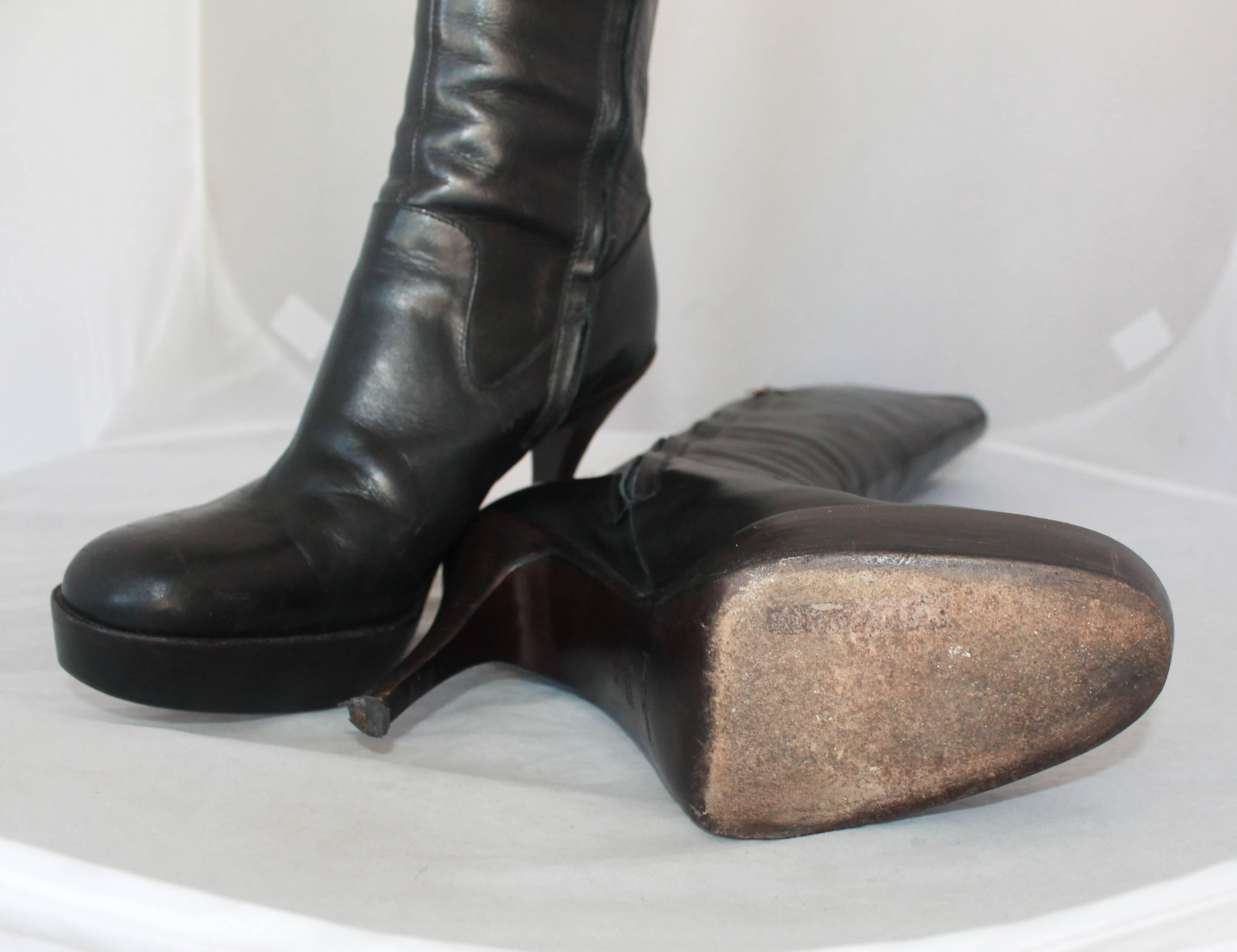 Black Yves Saint Laurent Chocolate Brown Leather Knee-High Platform Boots - 37.5