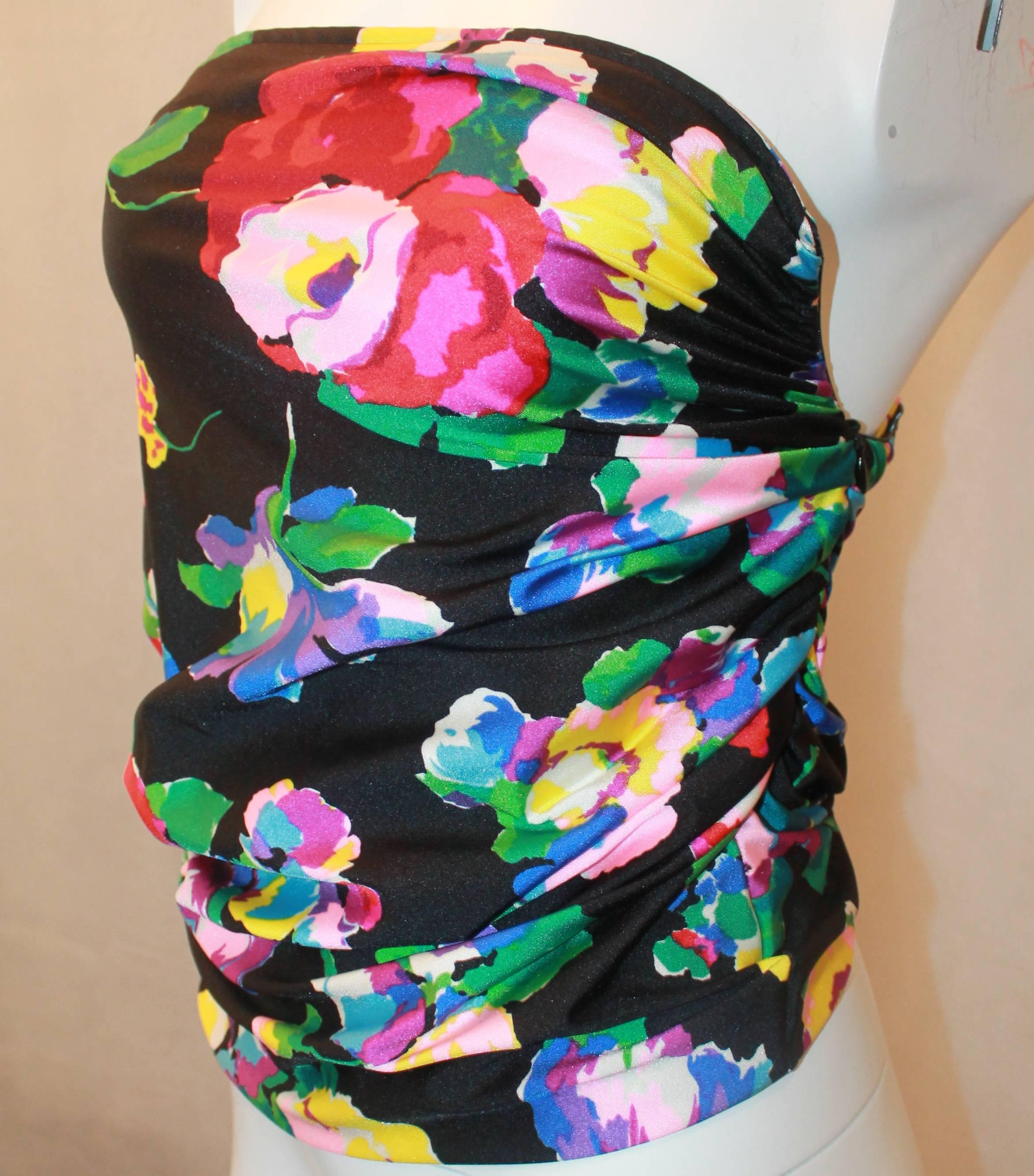 Emanuel Ungaro Black Strapless Ruched Top with Multicolor Flowers - M. This top is in excellent vintage condition with light wear. The colors on the top include purple, yellow, red, green, blue, and white. It has a side zipper and is a jersey