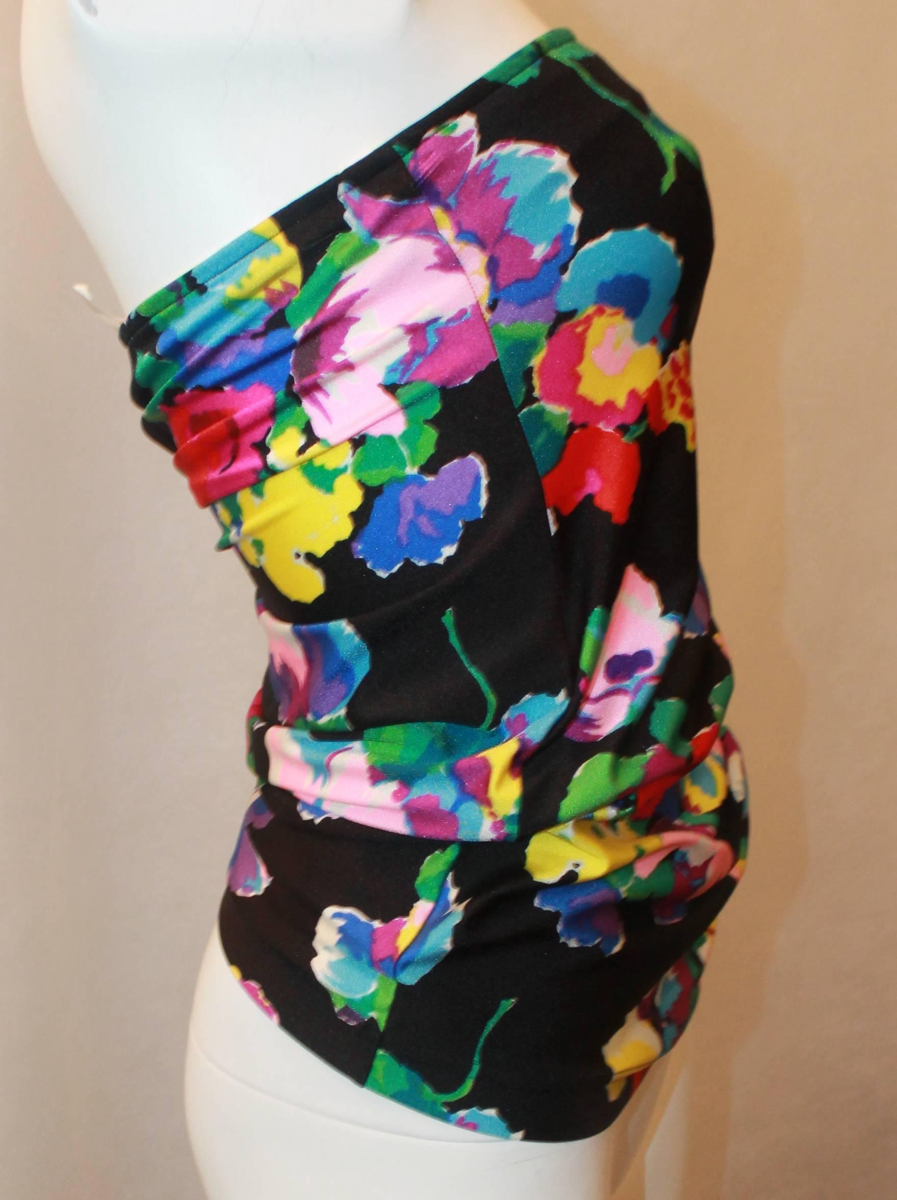 Emanuel Ungaro Black Strapless Ruched Top with Multicolor Flowers - M In Excellent Condition In West Palm Beach, FL