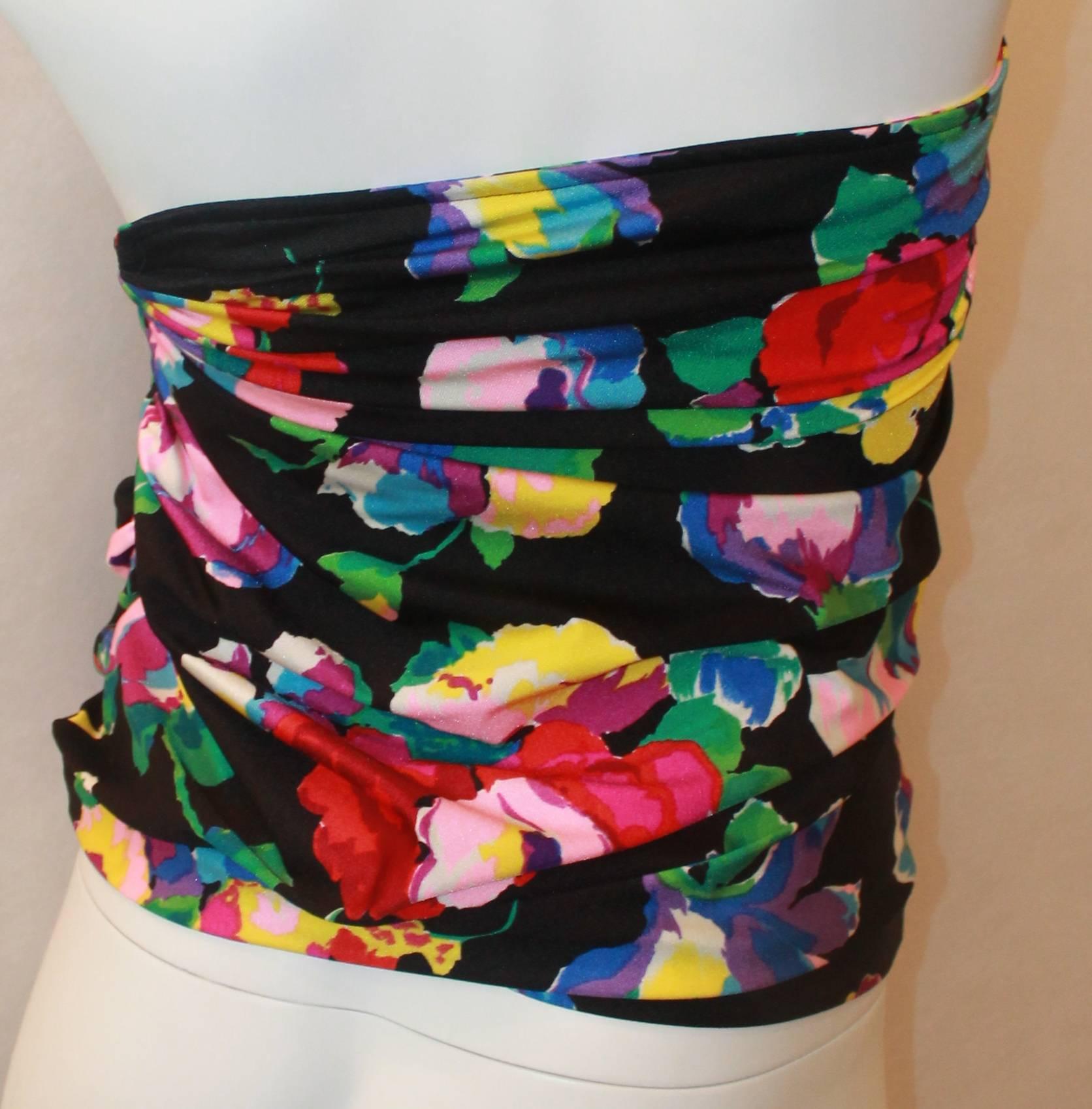 Women's Emanuel Ungaro Black Strapless Ruched Top with Multicolor Flowers - M