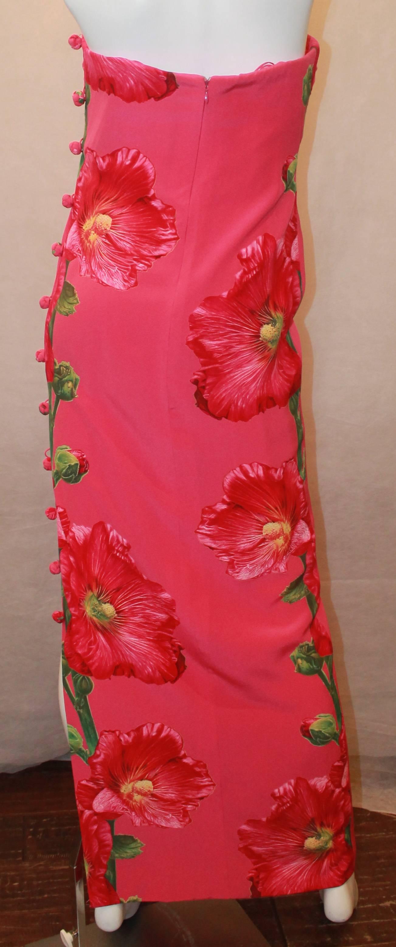 Women's Bill Blass 1970's Vintage Fuchsia Strapless Floral Print Gown - 8