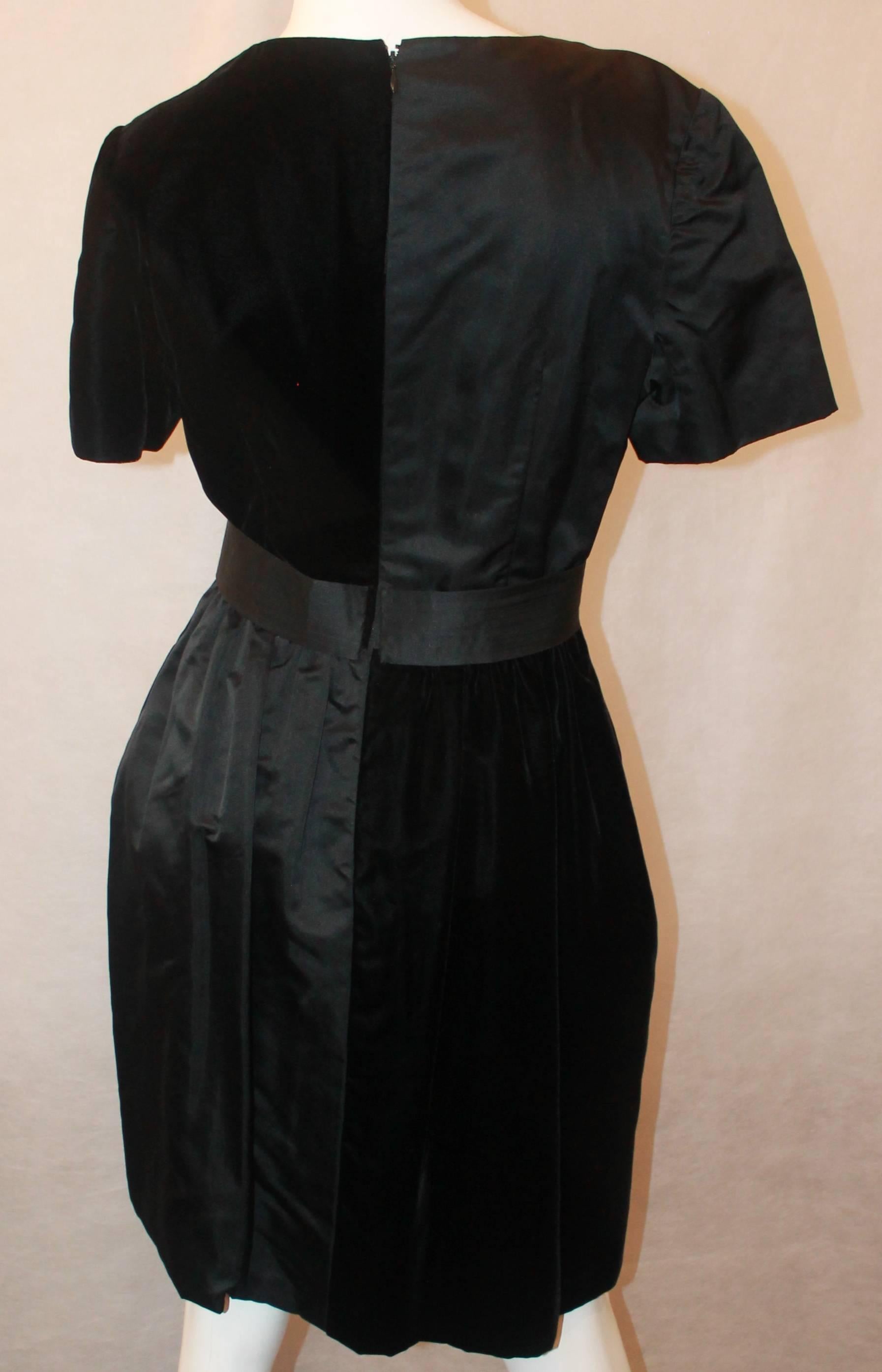 Bills Blass 1970's Vintage Black Velvet & Satin Short Sleeve Dress - 8 1