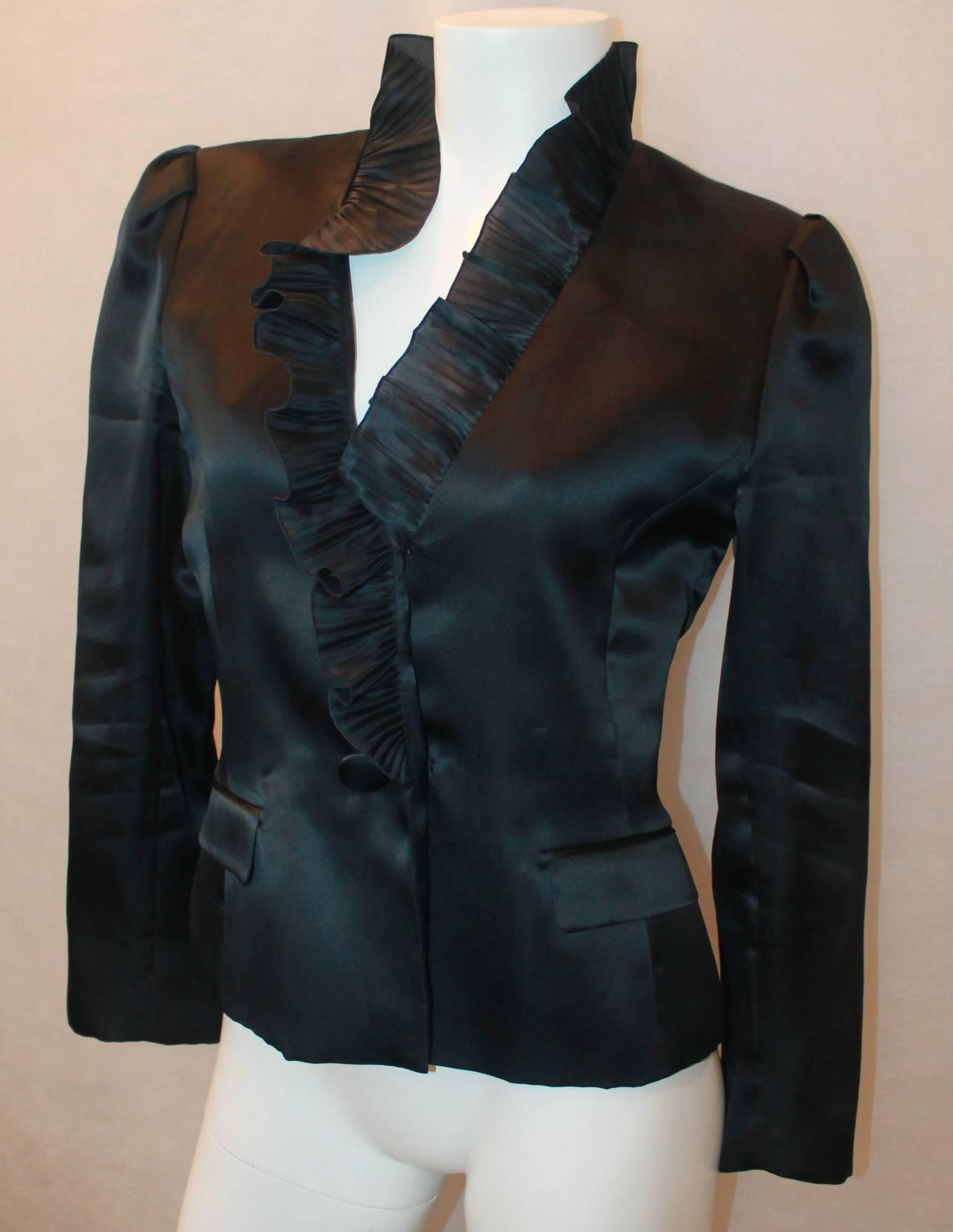Oscar de la Renta Navy Silk Organza Jacket w/ Pleated Ruffle Collar - 8.  This beautiful jacket is in excellent condition.  It features two front pockets, a fitted style, a pleated ruffle collar, shoulder padding, navy silk buttons on the front and