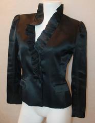 Oscar de la Renta Navy Silk Organza Jacket w/ Pleated Ruffle Collar - 8