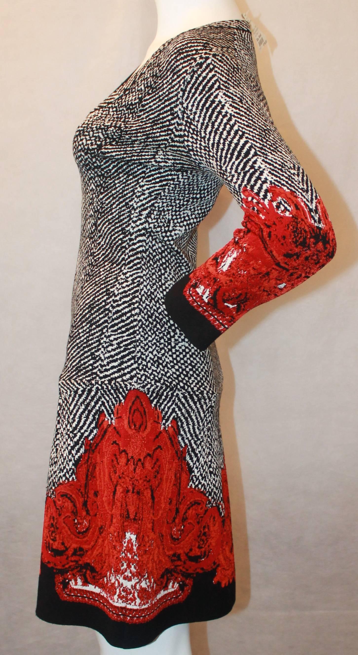 Brown Roberto Cavalli Black, White & Red Printed Long Sleeve Dress - 40