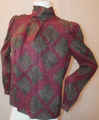 Adolfo 1970's Vintage Black & Purple Printed Long Sleeve Silk Blouse - M