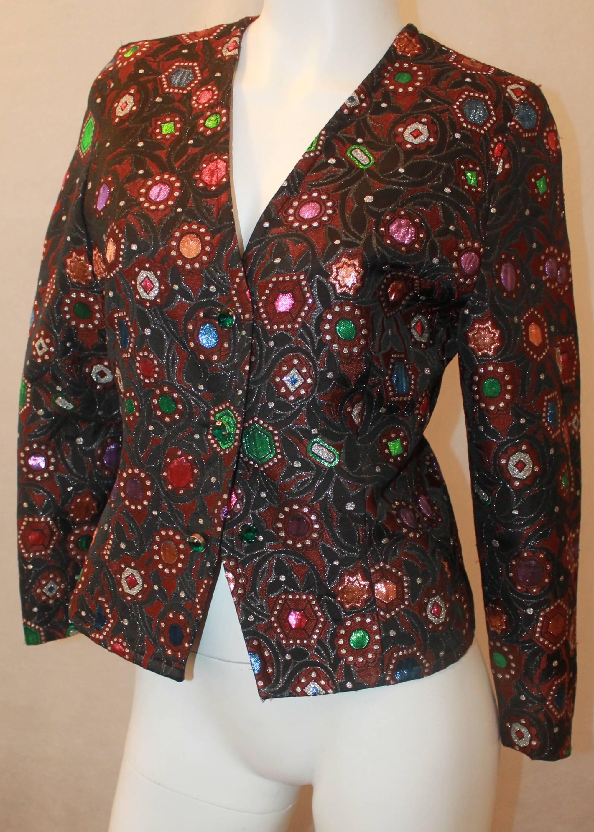 Guy Laroche Brown, Black, and Multi Abstract Brocade Jacket - 4 - Circa 80/90's.  This unique vintage jacket is in good condition with only some pulling on the tinsel in the front areas.  It features a black and brown abstract background designer
