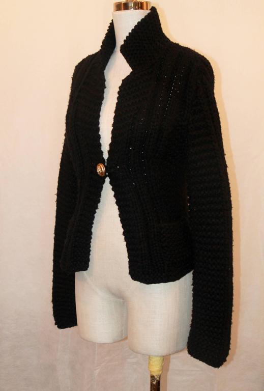 Chanel Black Heavy Knit Sweater with Front Gold Lion Button - 42 at ...