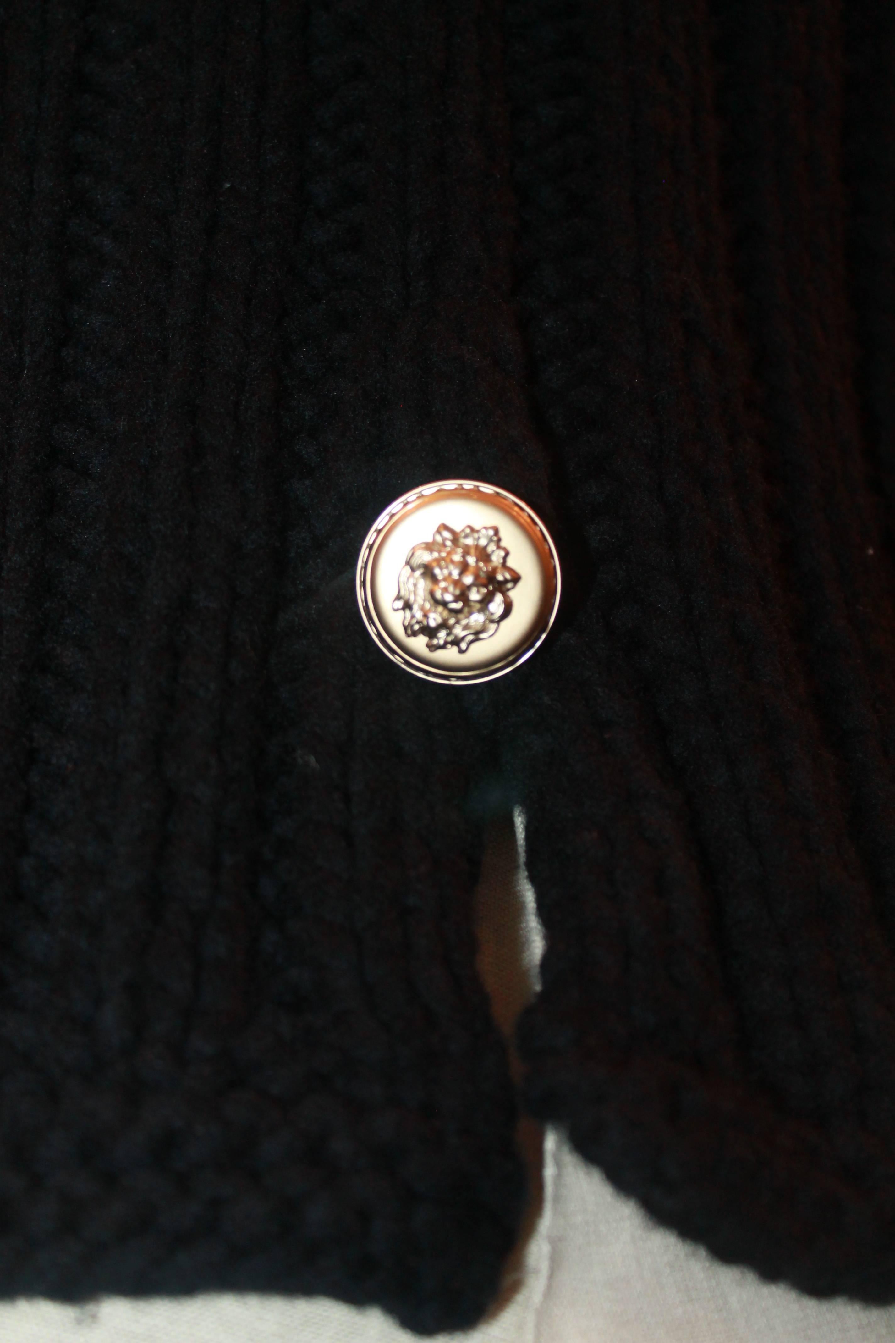Chanel Black Heavy Knit Sweater with Front Gold Lion Button - 42 In Good Condition In West Palm Beach, FL