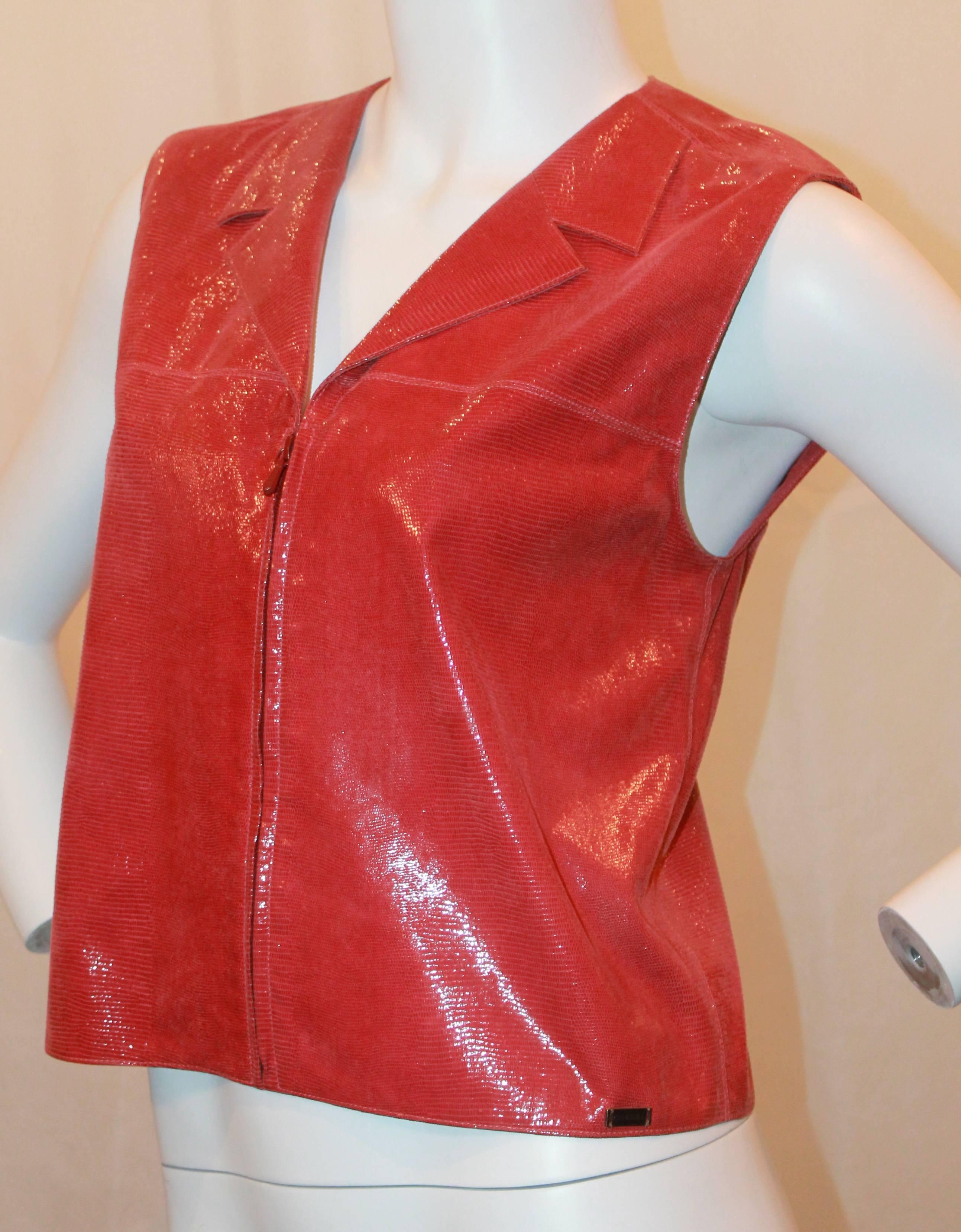 Red Chanel Rose Lizard Embossed Leather Vest with Front Zip - 38 - circa 2001