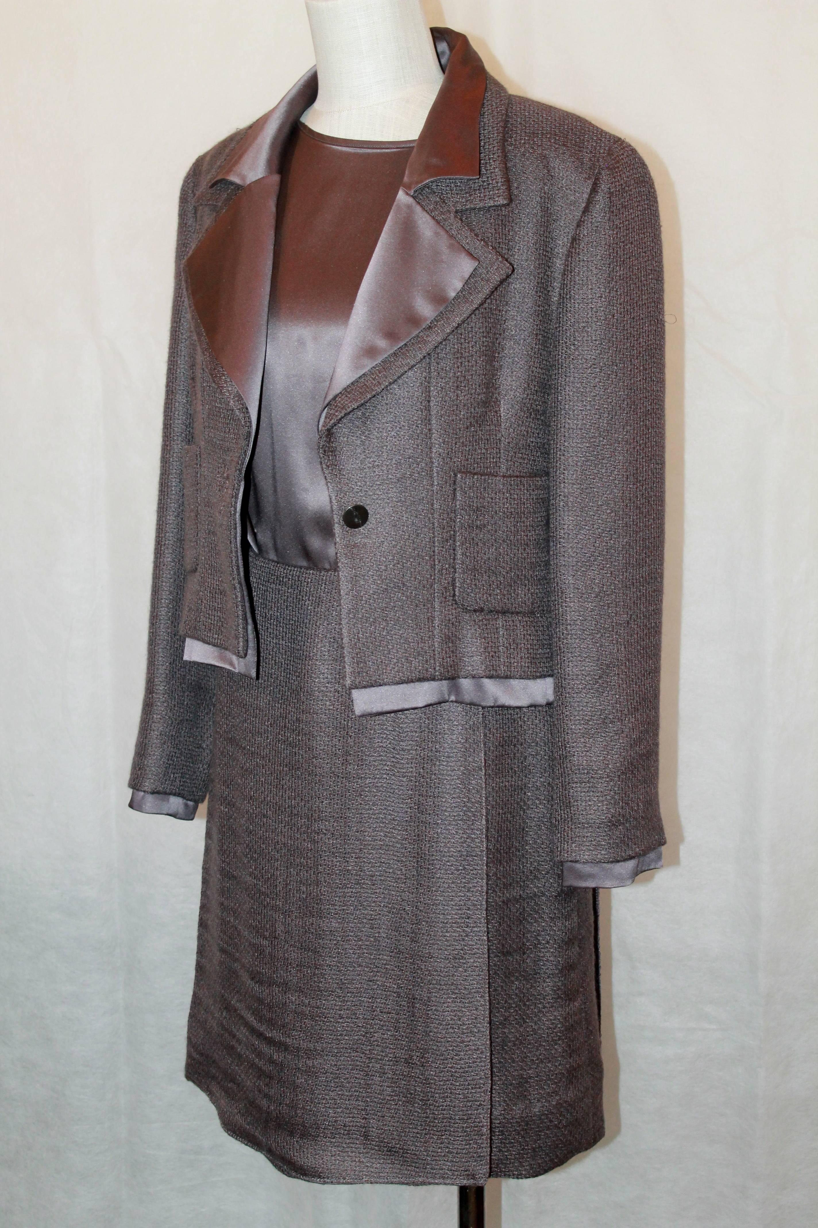 Chanel Vintage Eggplant Mohair & Silk Skirt Suit & Top Set -  Size 40  Fall 1999.  This beautiful Chanel skirt suit and top set is in very good condition with only few snags on the jacket and one on the back of the top.  It features a silk