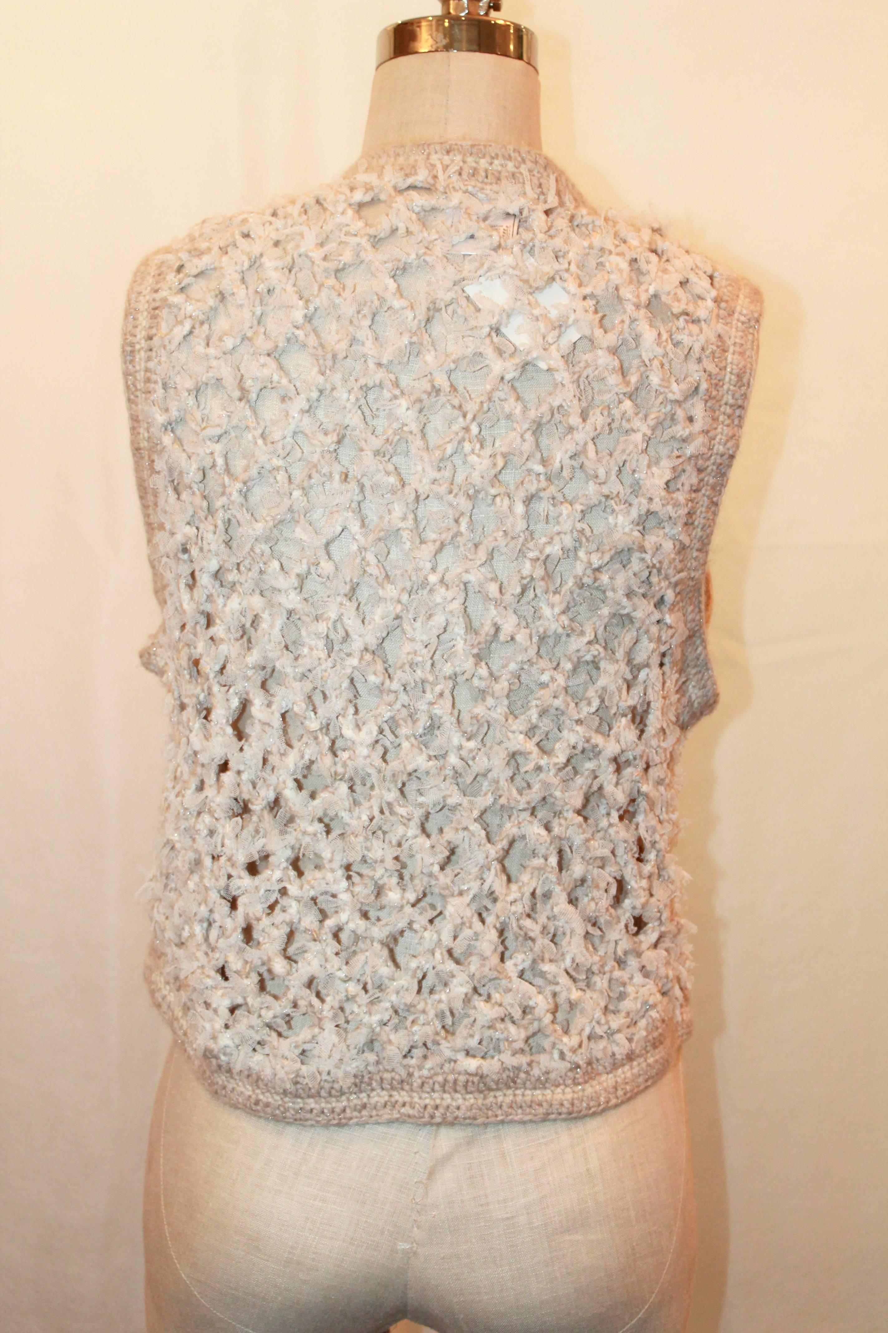 Women's Chanel Ivory Cashmere Crochet Vest with Beige Trim & Fringe - 40 - circa 2005