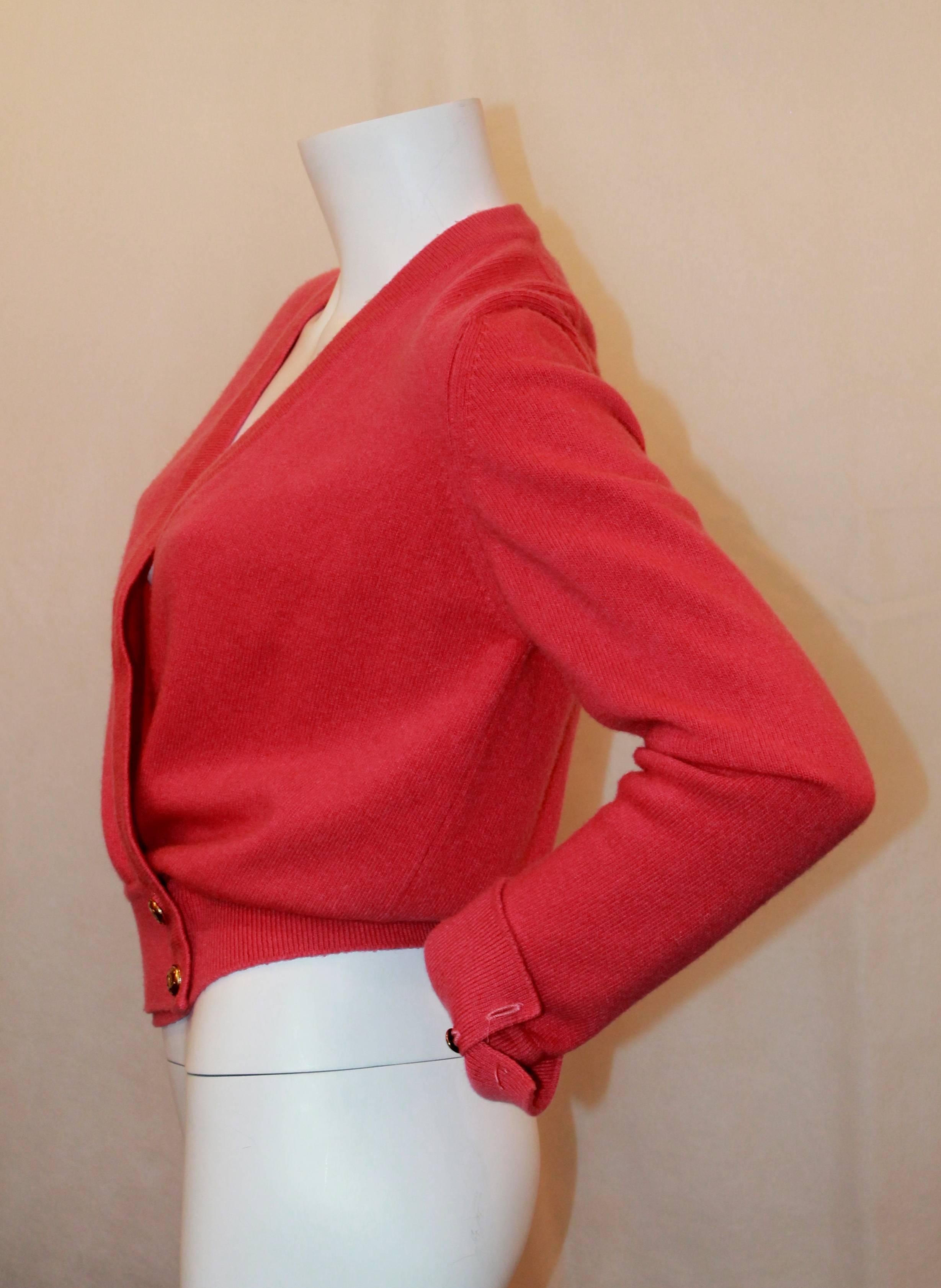 Red Chanel Vintage Coral Cashmere Cardigan with Cinched Bottom- circa 1980's - M