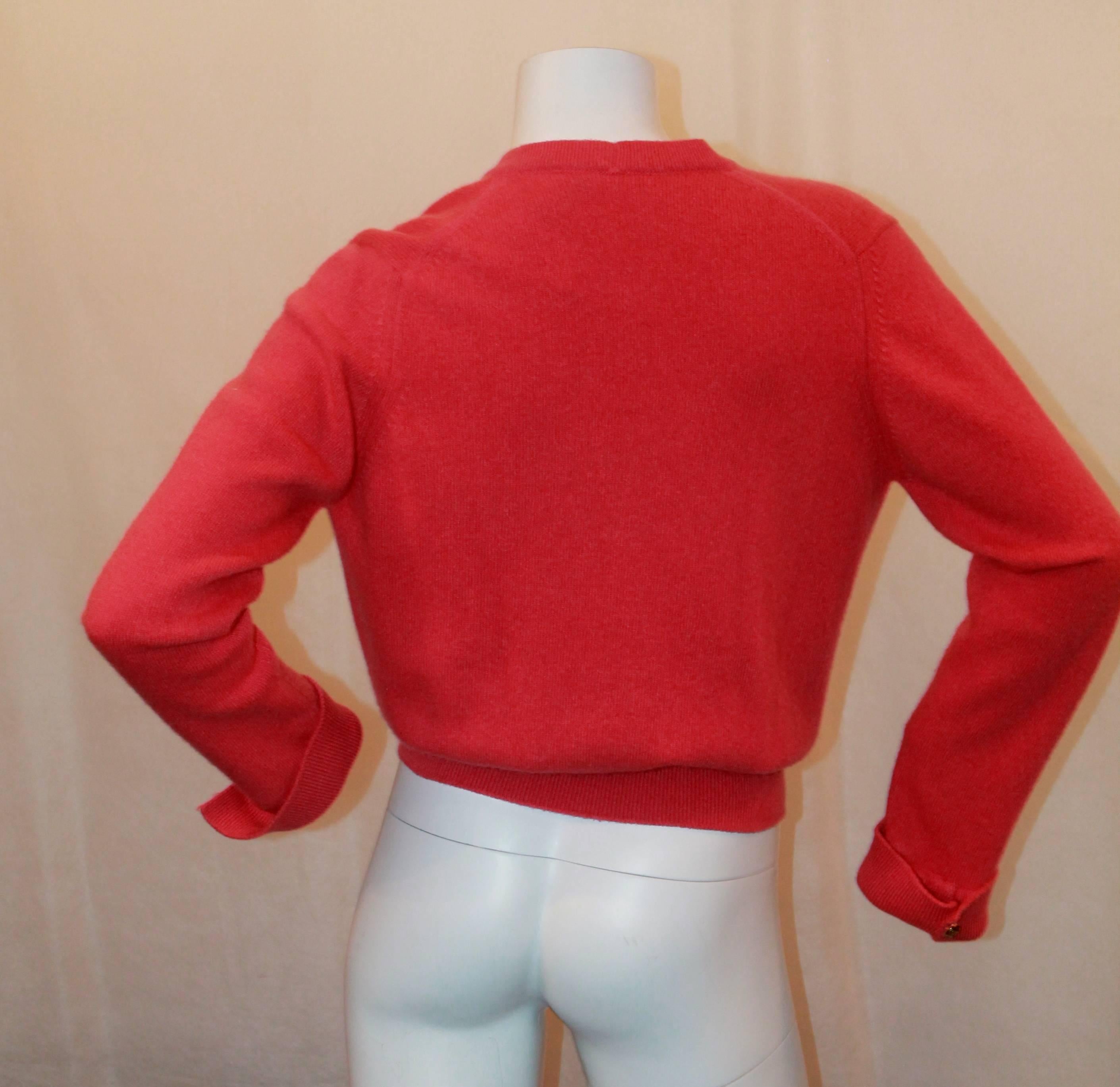 Chanel Vintage Coral Cashmere Cardigan with Cinched Bottom- circa 1980's - M In Good Condition In West Palm Beach, FL