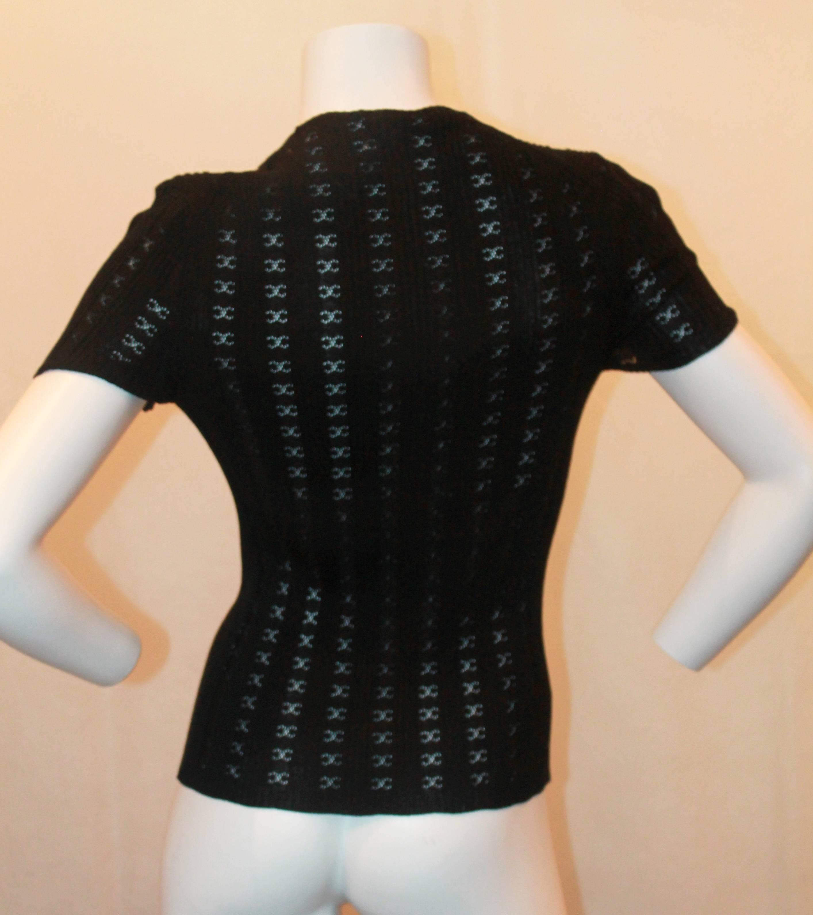 Women's Chanel Black Cotton Short Sleeve Knitted Top w/ 