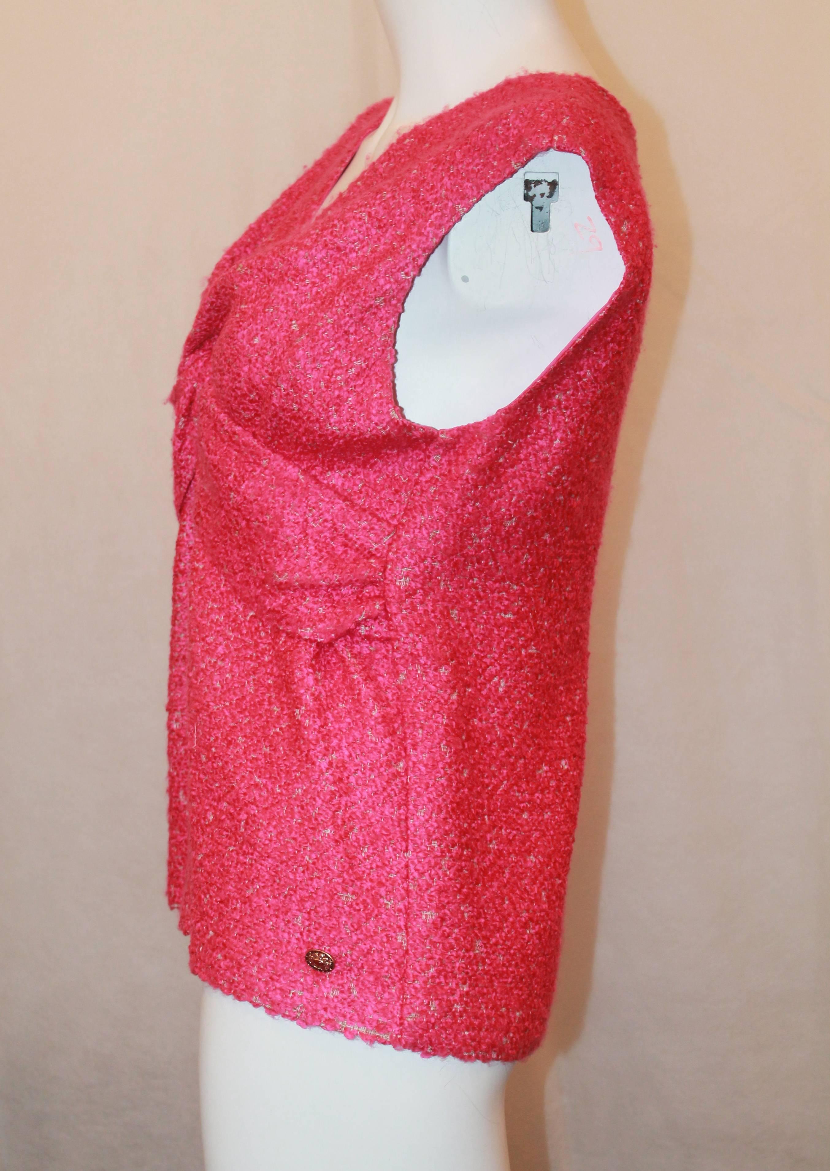 Pink Chanel Fuchsia Tweed Top w/ Gripoix Detail & Knotted Ruched Front - NWT - 40