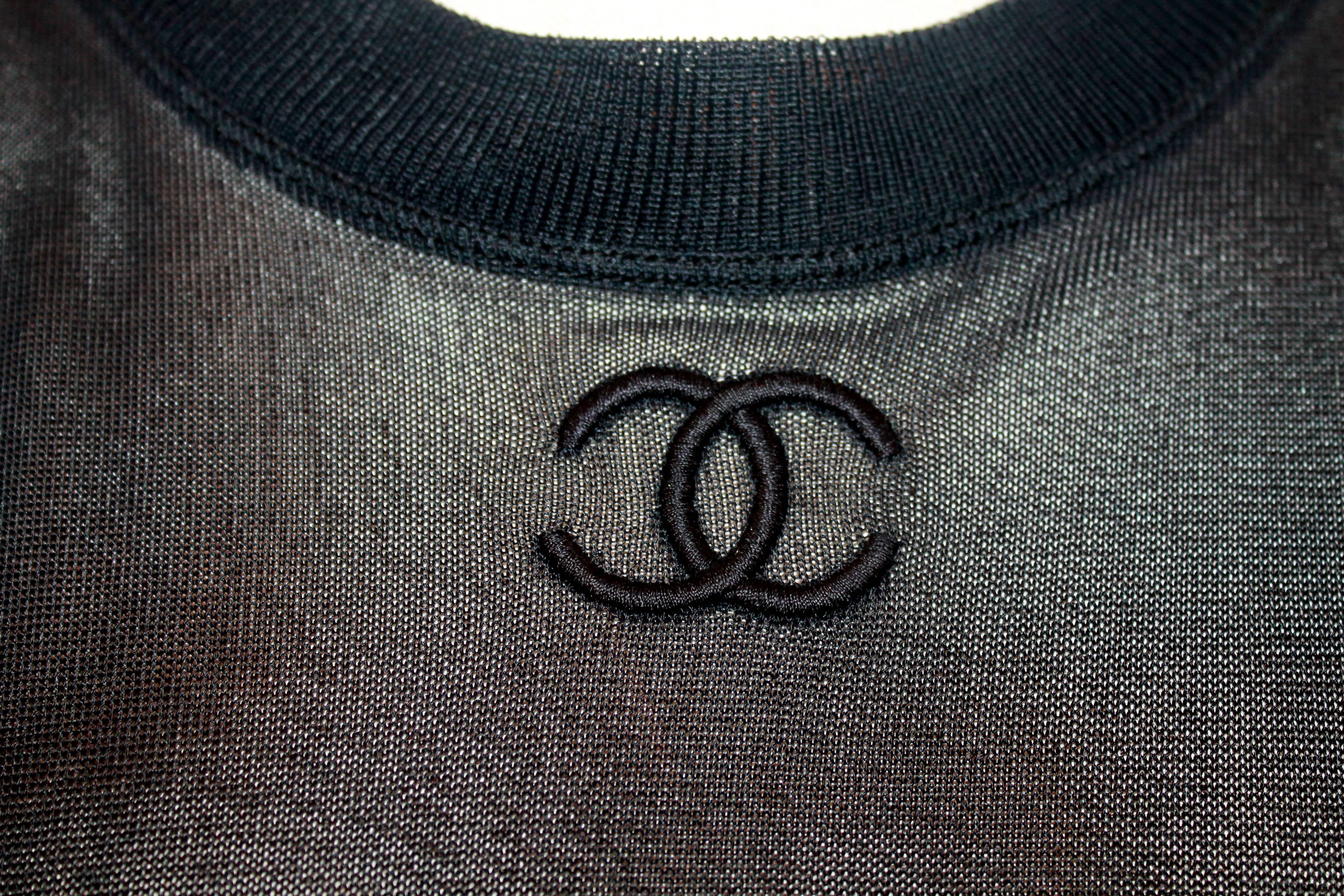 Chanel Vintage Black Mesh Jersey Short Sleeve Top w/ 