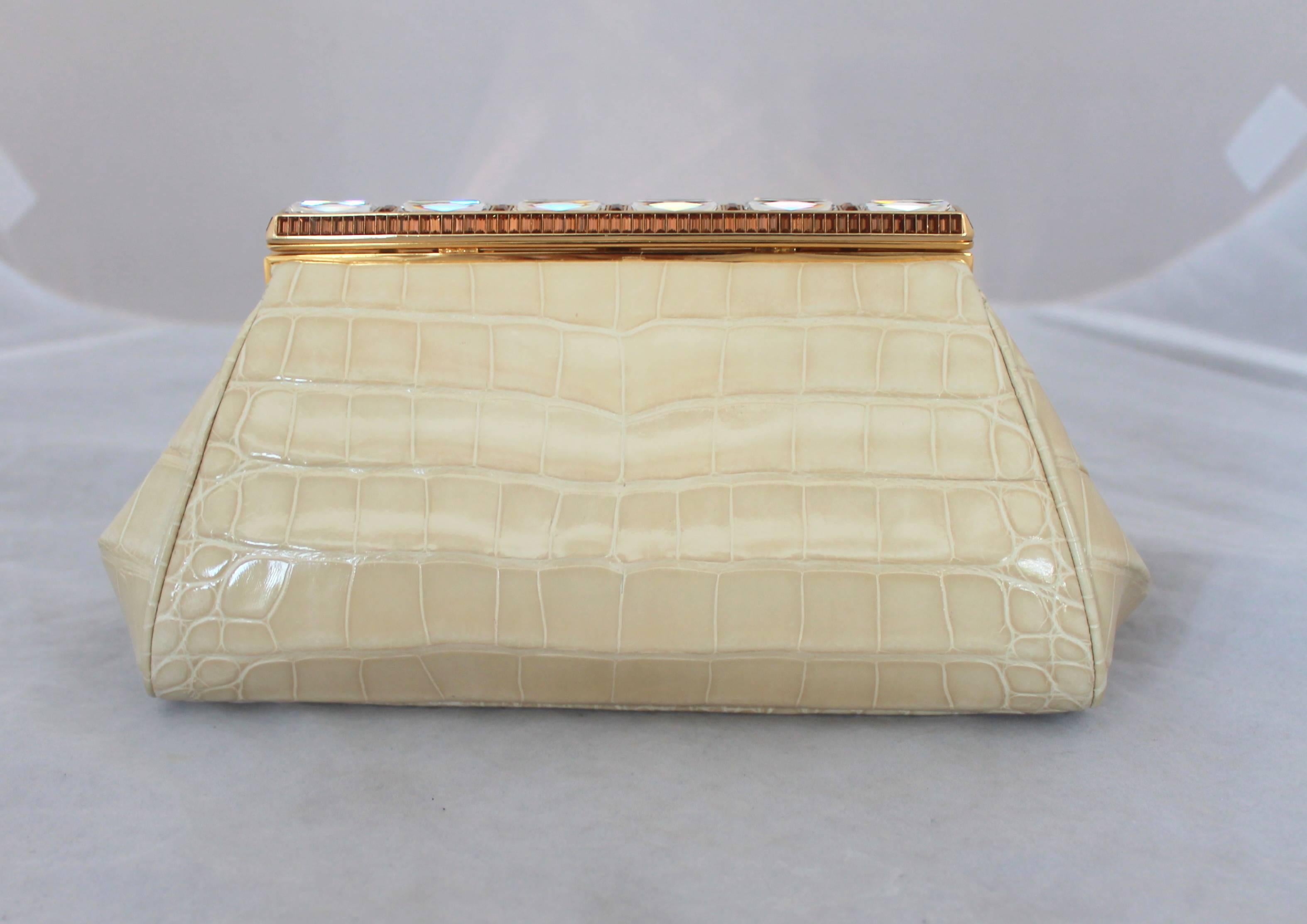 Judith Leiber Ivory Crocodile Clutch with Rhinestone and Gold Clasp 1