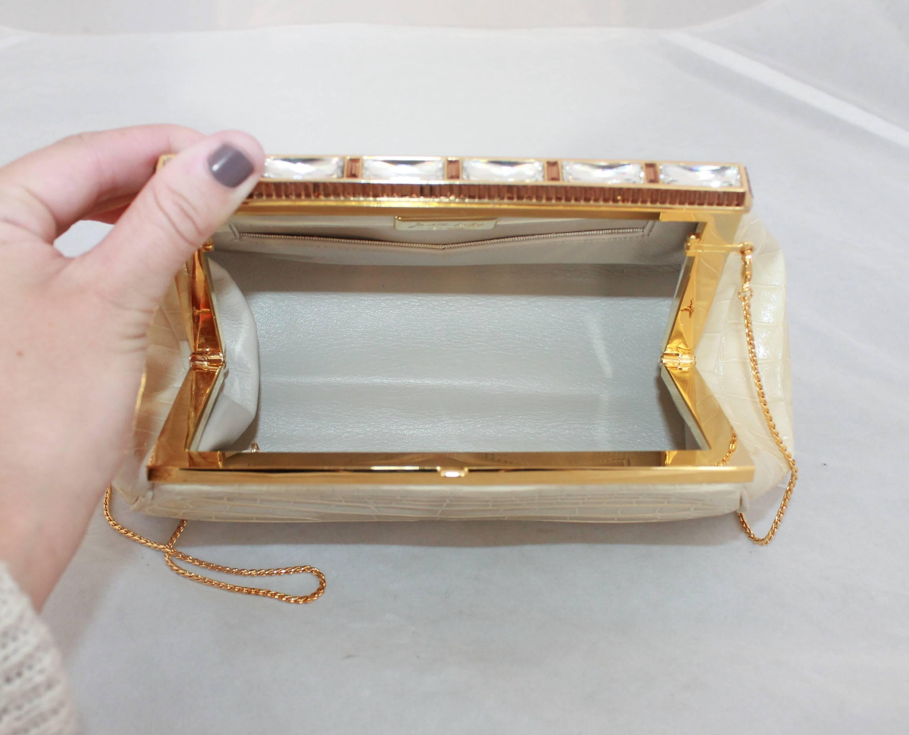 Judith Leiber Ivory Crocodile Clutch with Rhinestone and Gold Clasp 2