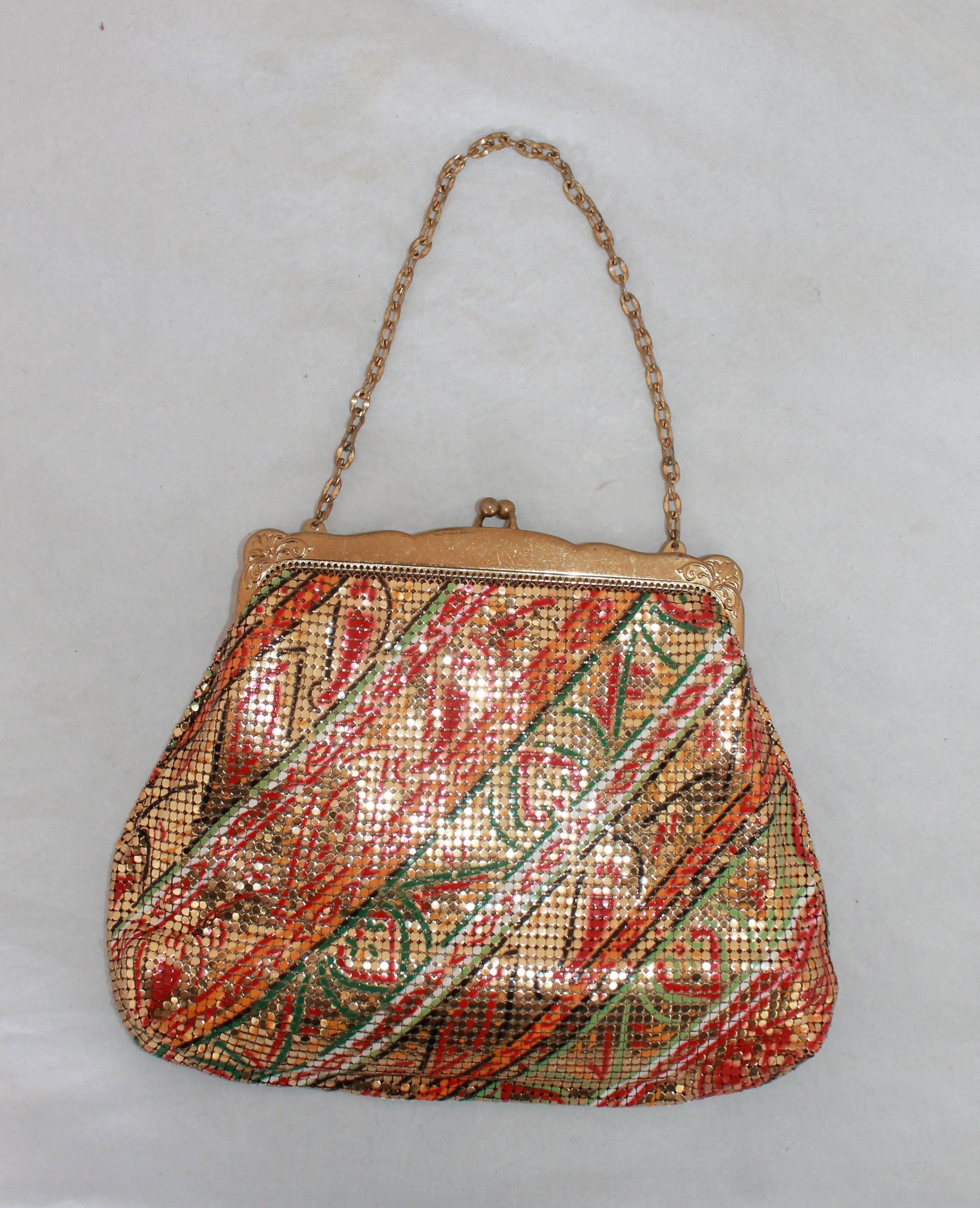 Whiting & Davis 1940's Vintage Multicolor Paisley Gold Mesh Bag. This bag is in good vintage condition and has wear consistent with its age, the one area that is noticeable is an area of tarnishing on the top portion as seen in the images. It has a