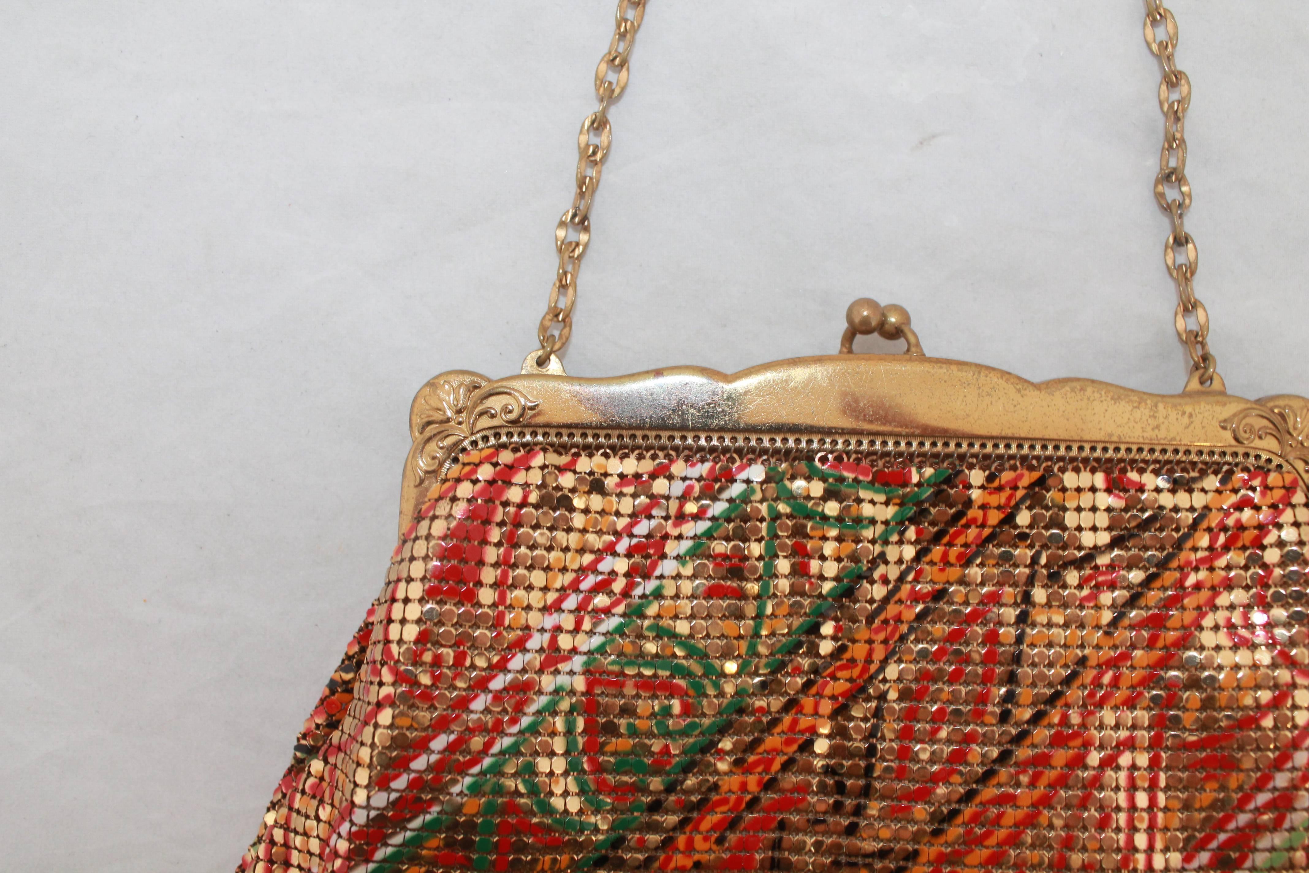 Whiting & Davis 1940's Vintage Multicolor Paisley Gold Mesh Bag  In Good Condition In West Palm Beach, FL
