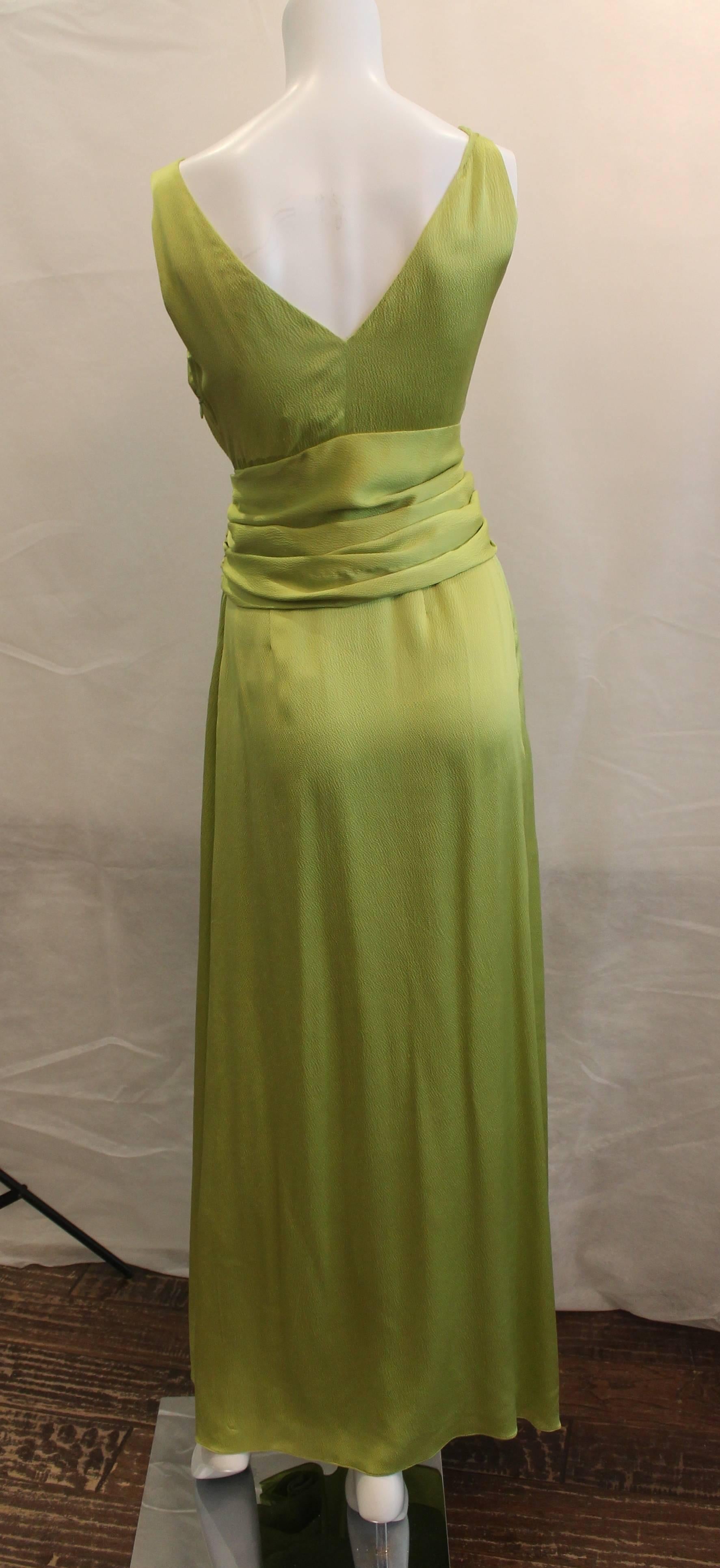 Brown Christian Dior Canary Green Silk Sleeveless Ruched Gown 