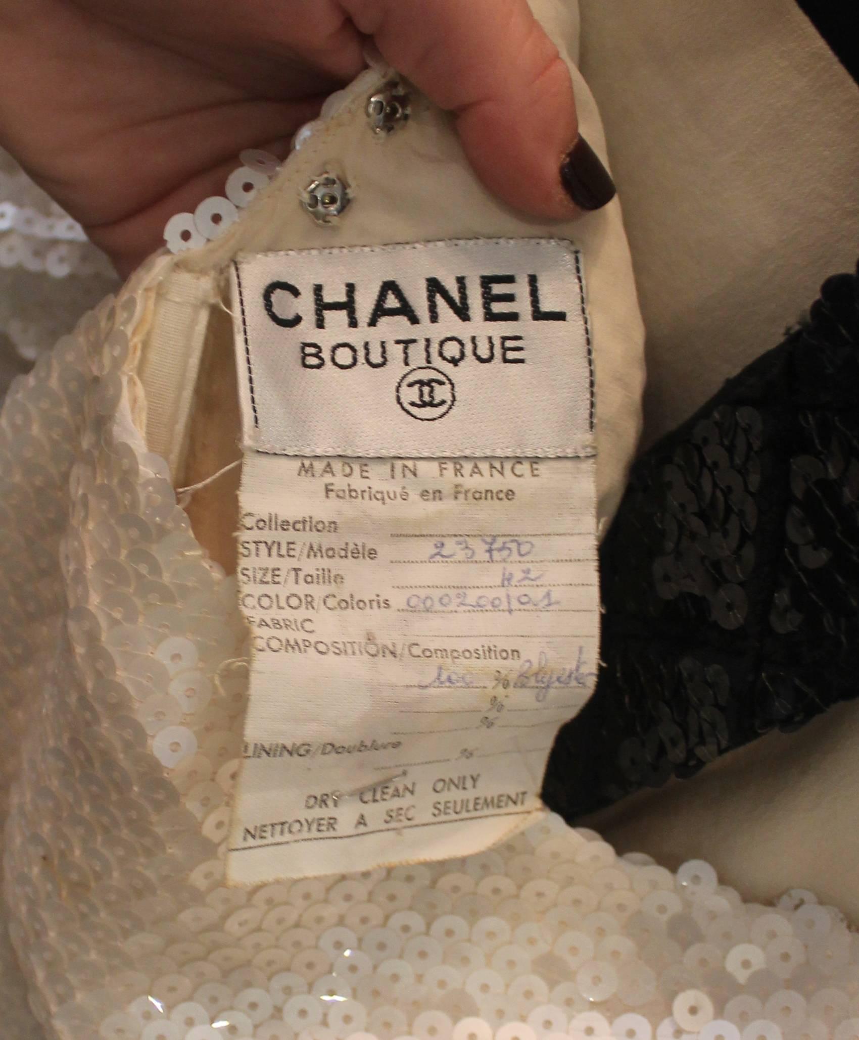 Chanel Rare White & Black Sequin Gown with Bows & Camellia - 42 - circa 1980's 1