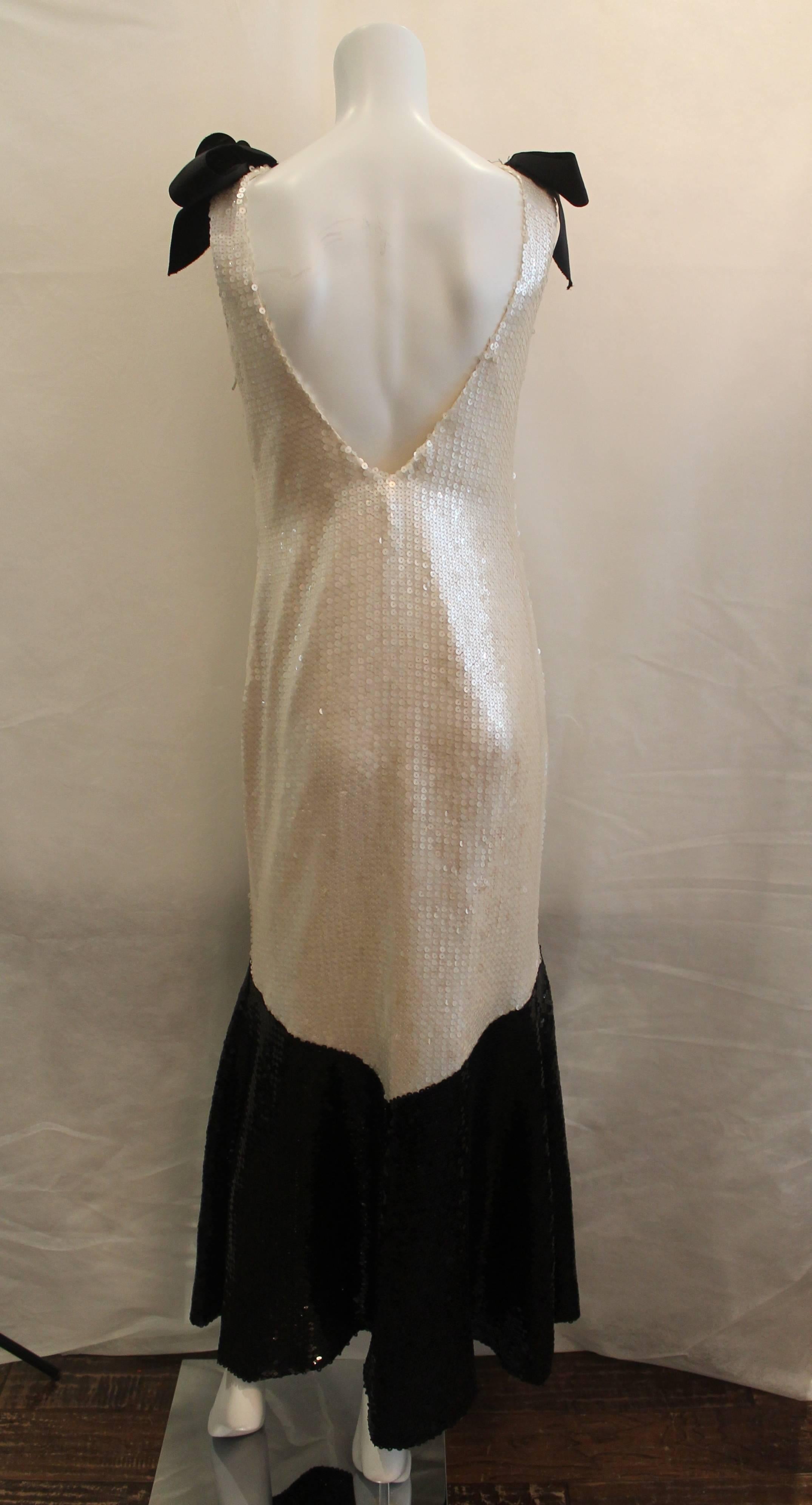 Chanel Rare White & Black Sequin Gown with Bows & Camellia - 42 - circa 1980's In Excellent Condition In West Palm Beach, FL