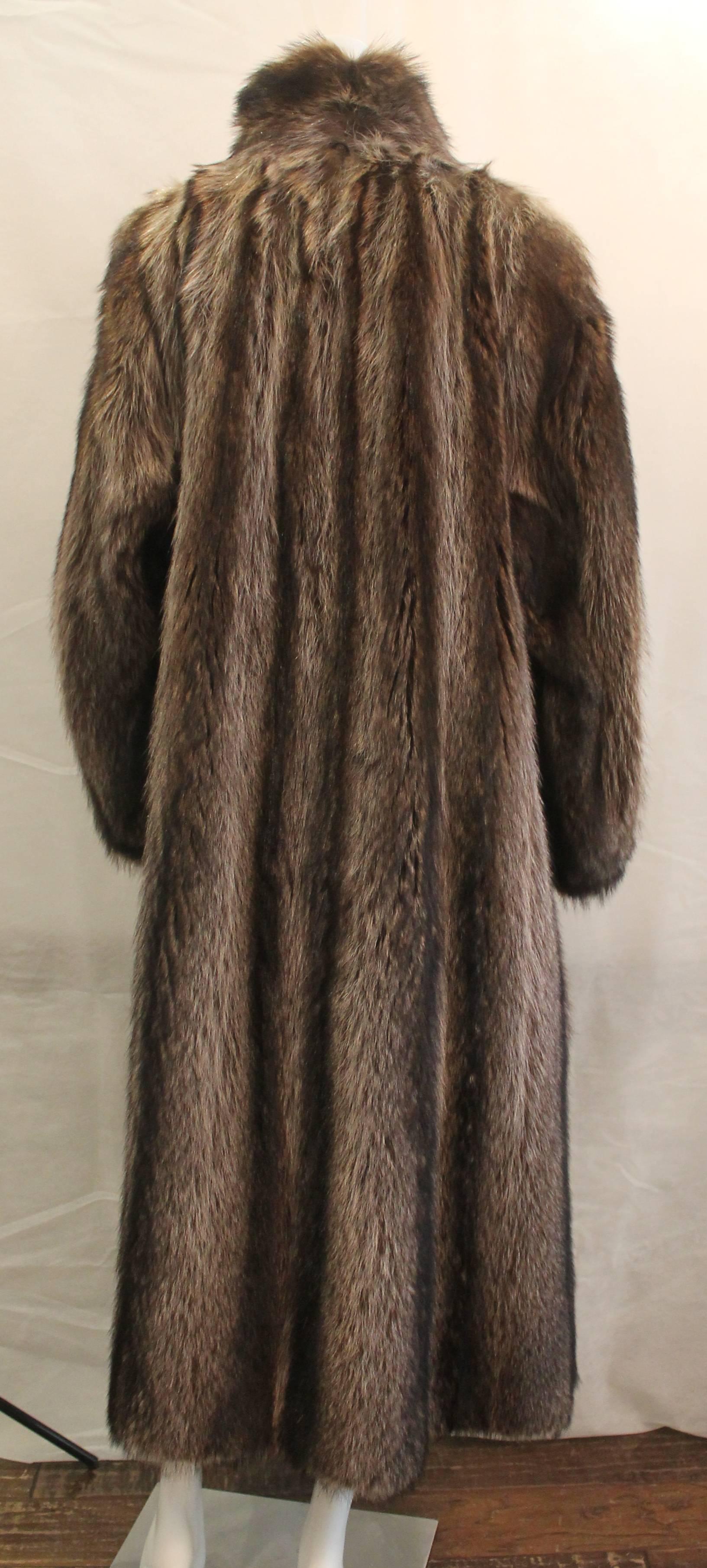 Black Custom Montgomery Style Hooded Brown Raccoon Full Coat - M