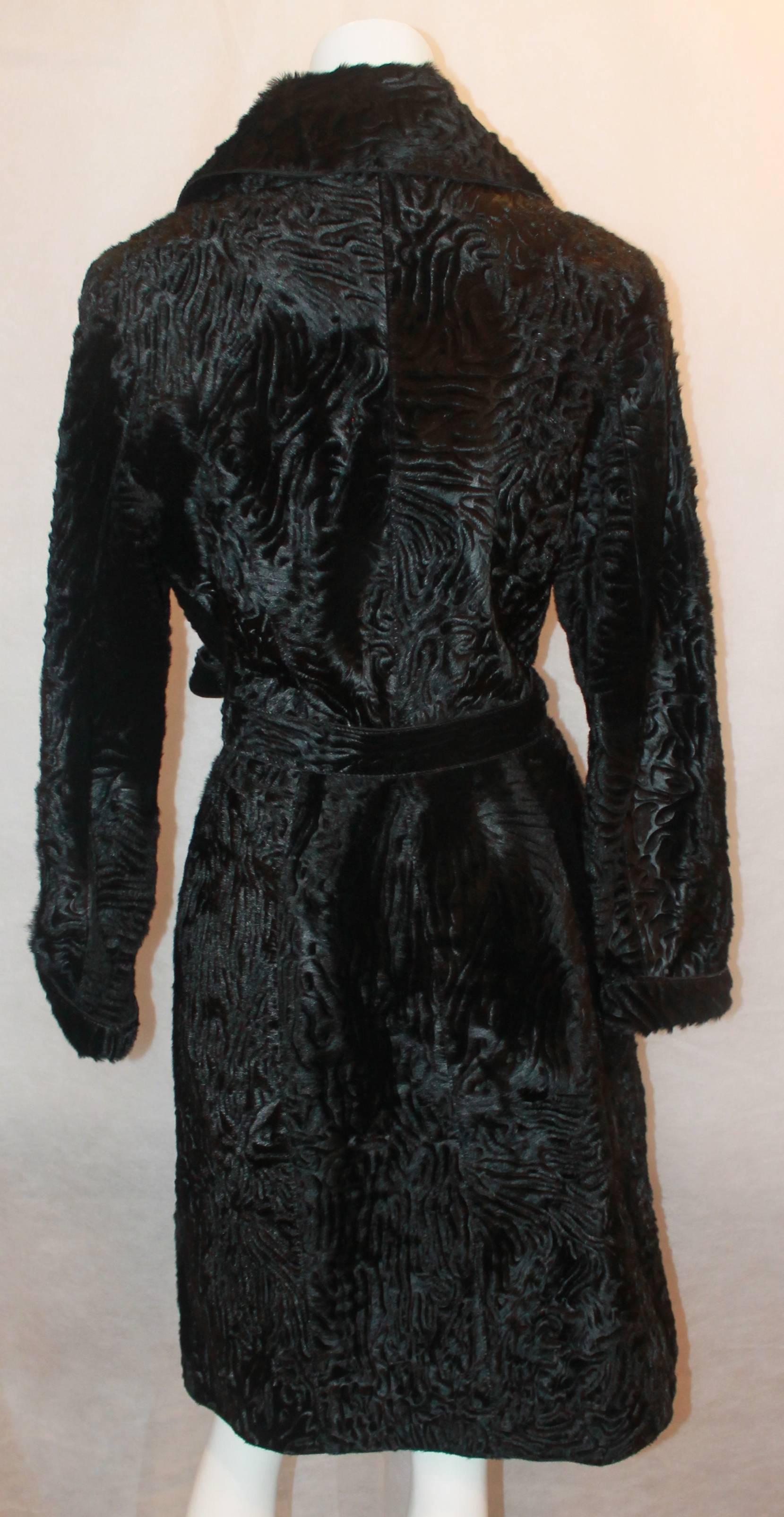 Women's Marengo Black Broadtail Collared Full Coat with Belt - L