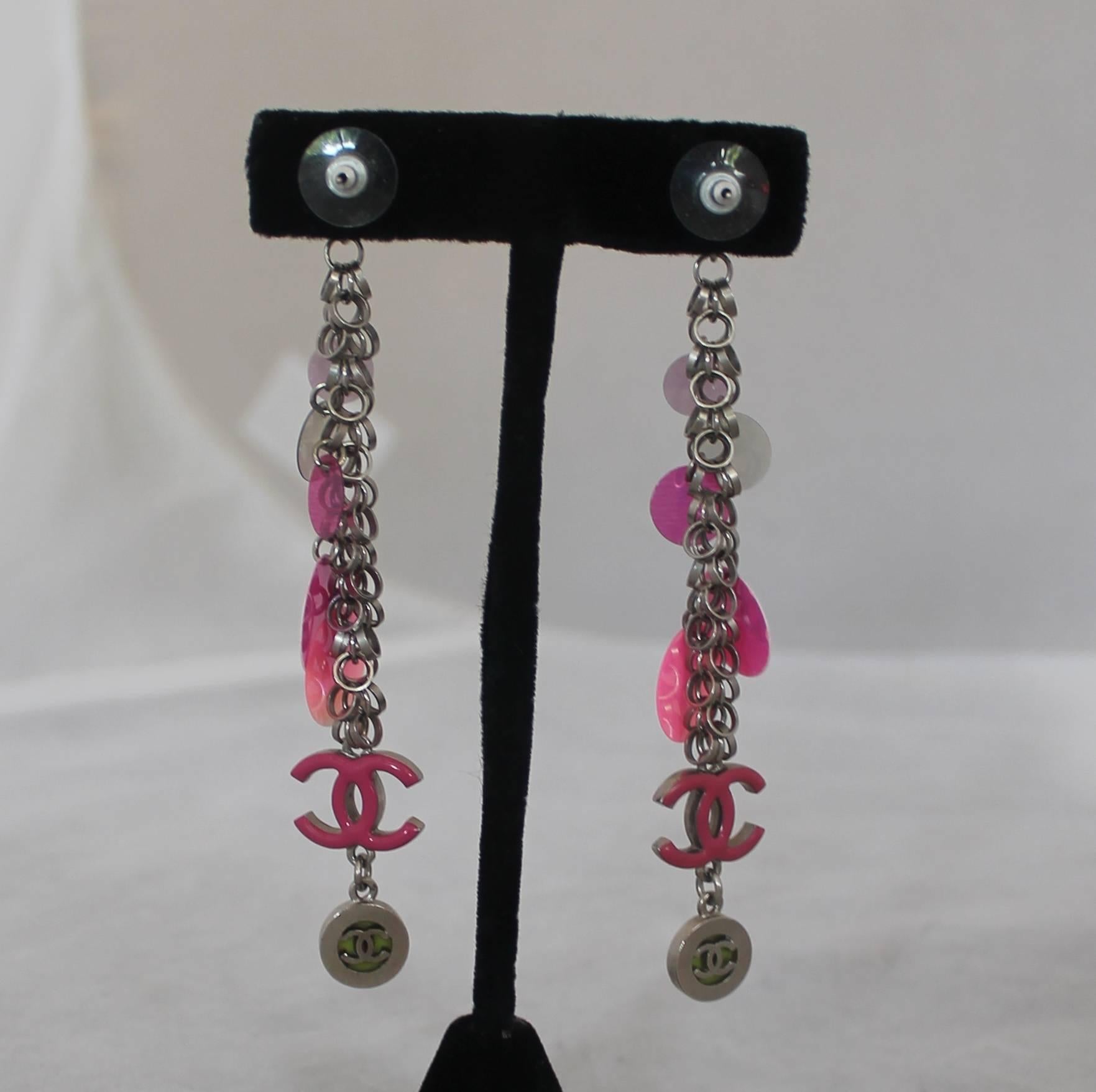 Chanel Pink Pallette with Silver Chain Drop Earrings - circa 2004. These earrings are in good condition with some discoloration beginning on a couple of the pallettes as seen in image 3. They have a pink enamel 