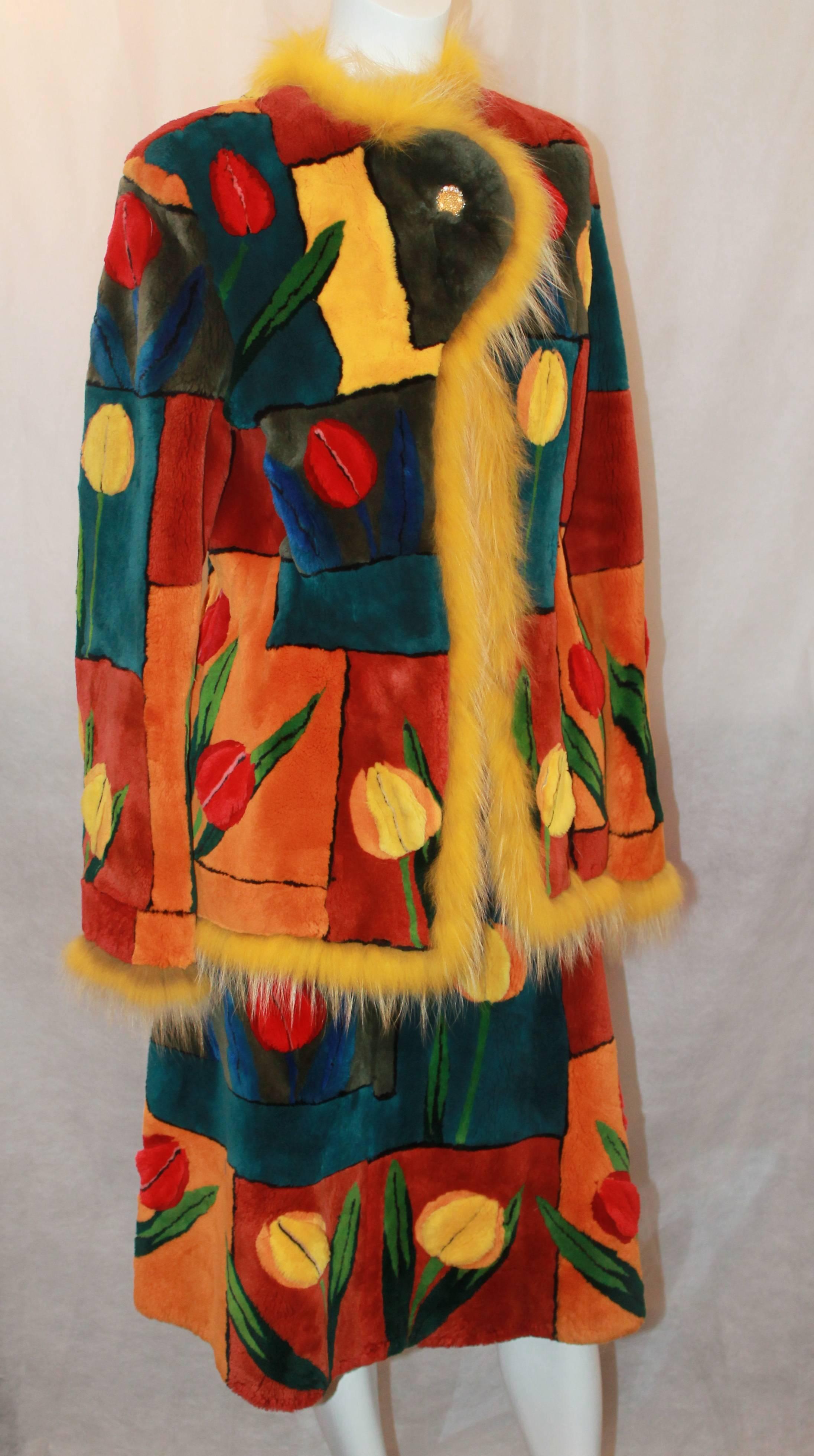 Zuki Floral Color Block Sheared Beaver Skirt Suit - Size 8  This one of a kind piece has beautiful red, orange, blue, green , teal and yellow patchwork/color block pattern w/ tulips. It has a yellow fur trim.  The jacket has a single top rhinestone