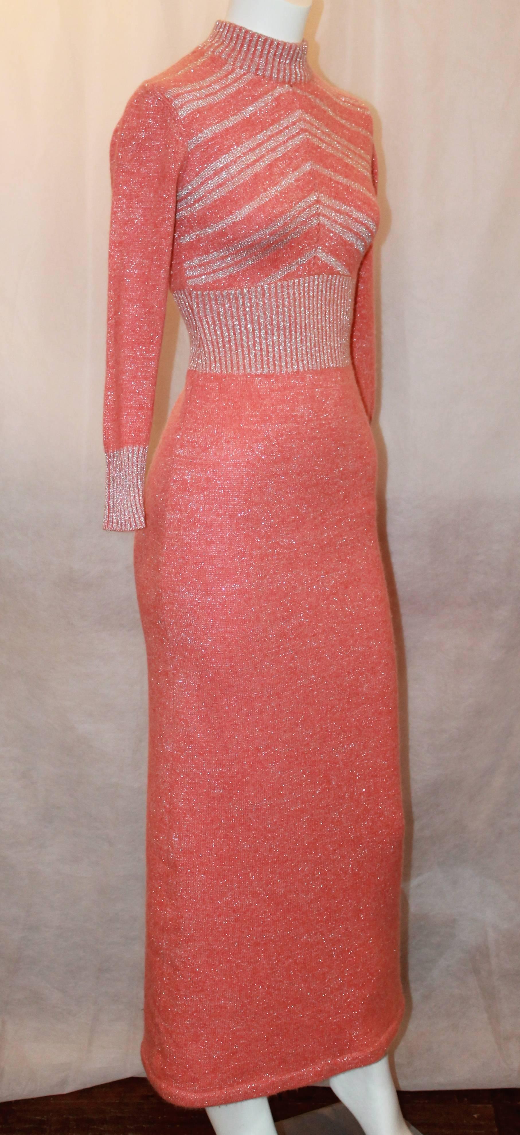 Vintage Coral Wool Long Sleeved Maxi Dress w/ Silver Metallic Stitching - 1970's.  This lovely dress in in excellent vintage condition.  It features an upward chevron design on the bust area in the front, a high roundneck, silver metallic stitching,