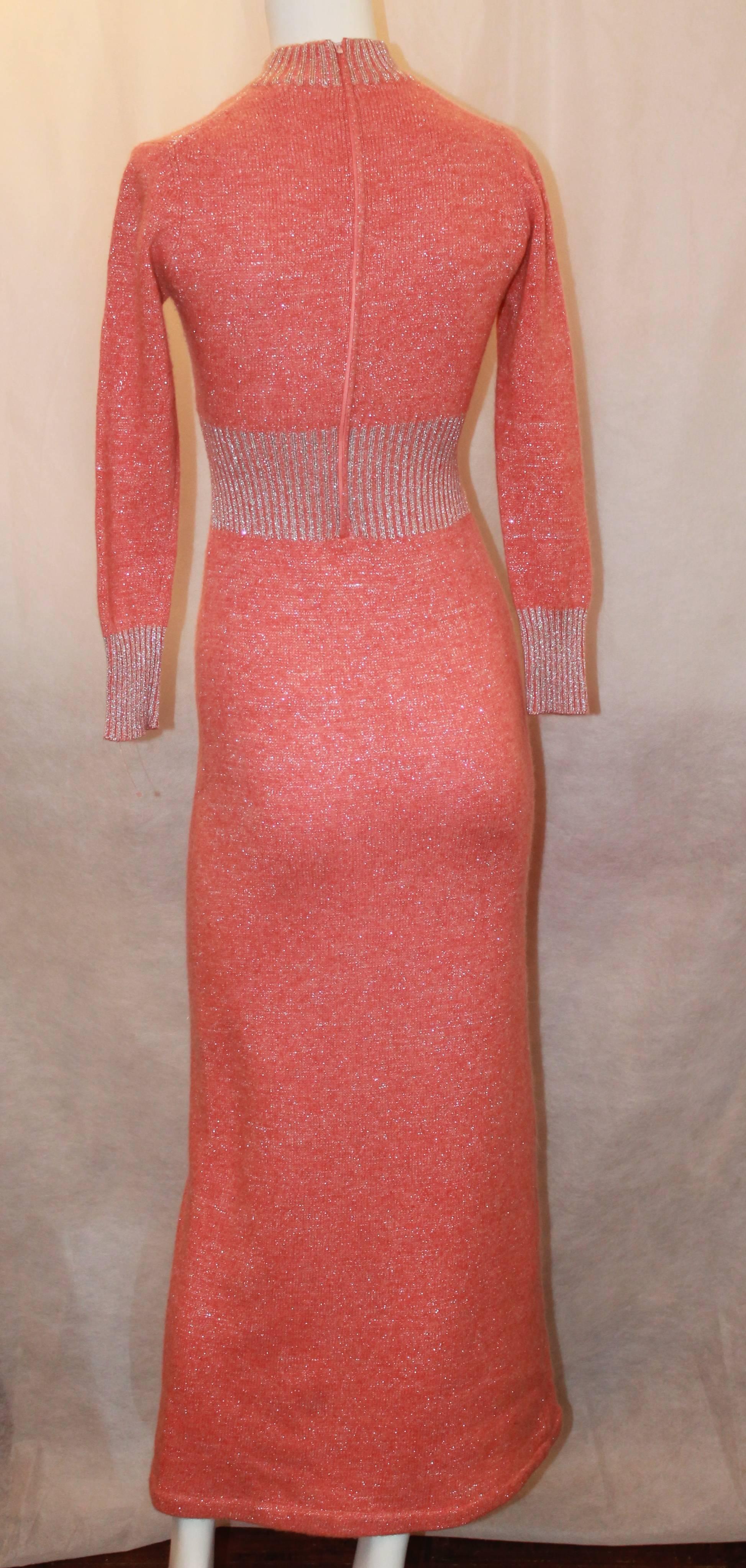 Vintage Coral Wool Long Sleeved Maxi Dress w/ Silver Metallic Stitching - 1970's In Excellent Condition In West Palm Beach, FL
