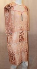 Zanda Rhodes Vintage Peach Printed Chiffon Sleeved Gown w/ Pearl Trim - M -1970s