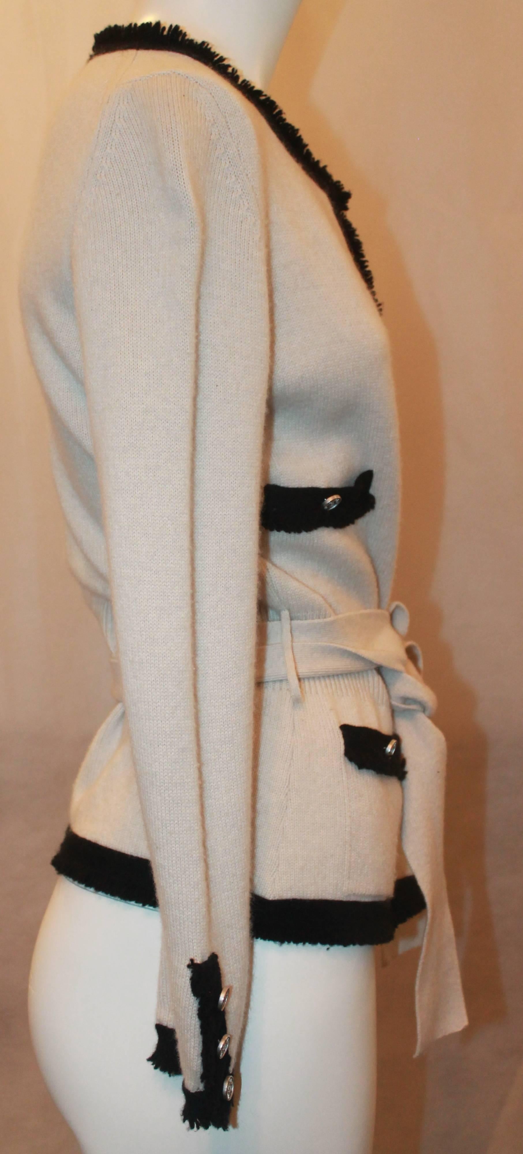 Gray Chanel Cream Cashmere Sweater w/ Black Fringe Trim & Belt Sash - 38