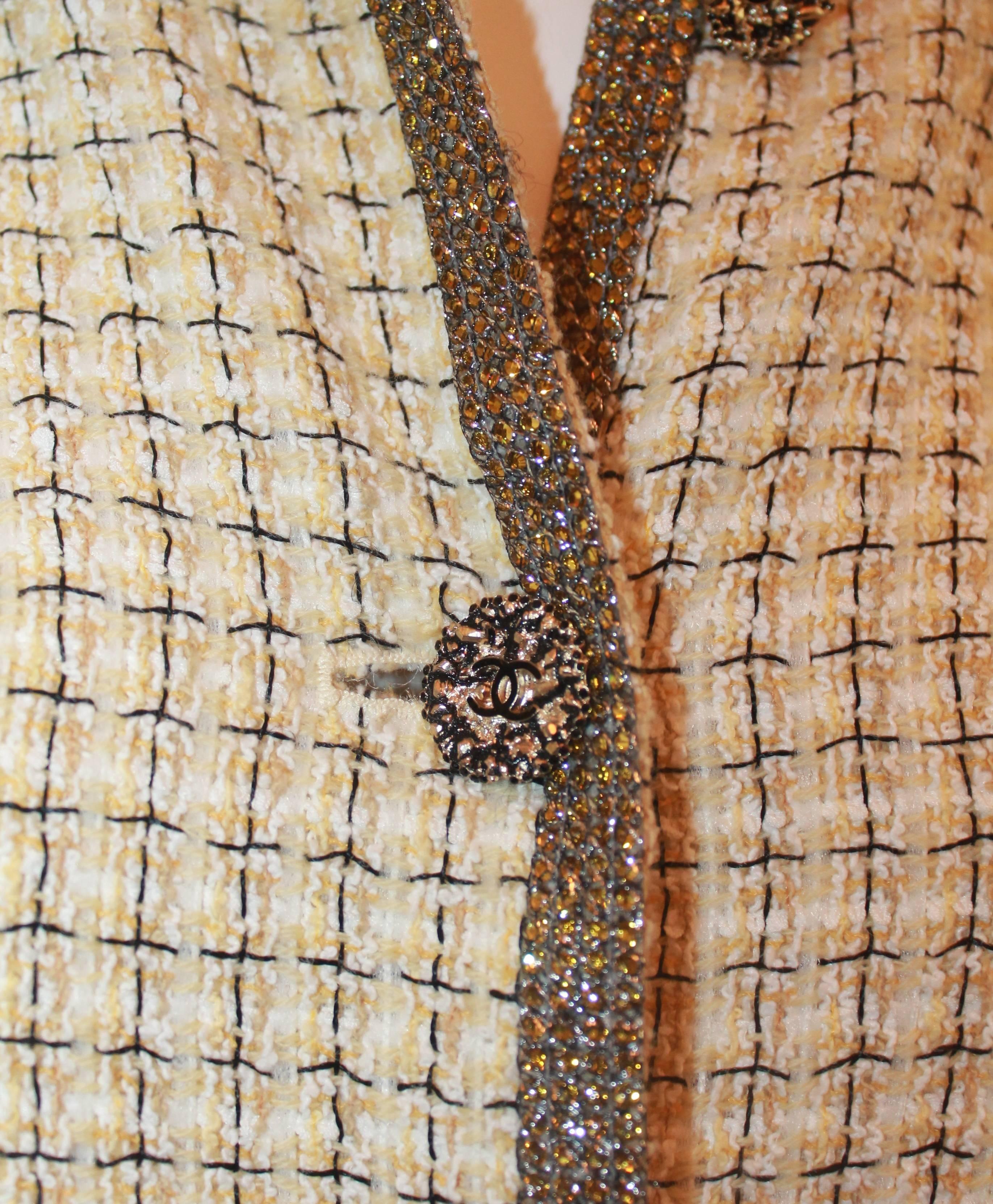 Women's Chanel Ivory & Yellow Tweed Checkered Jacket w/ Topaz Colored Rhinestones - 36