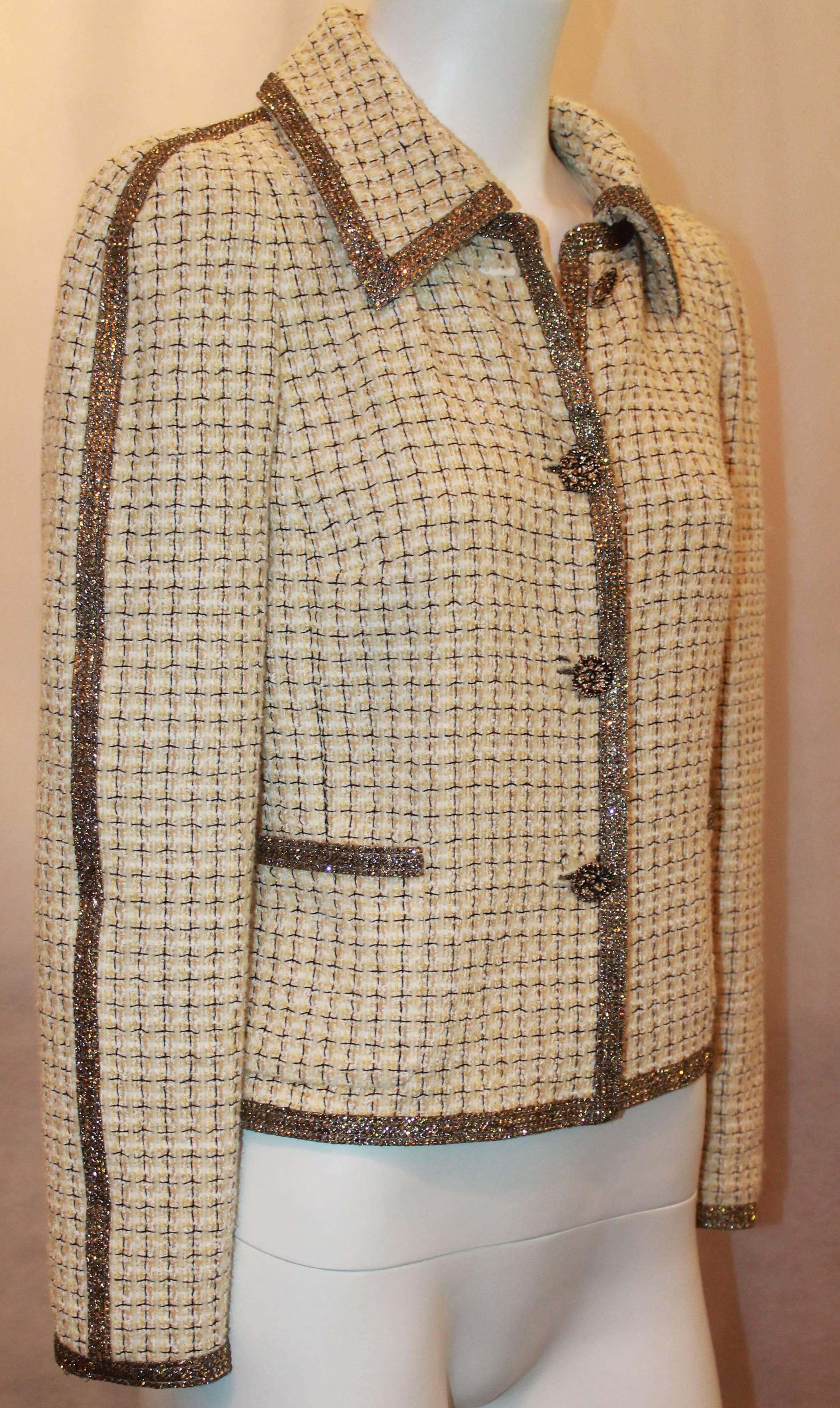 Chanel Ivory & Yellow Tweed Checkered Jacket w/ Topaz Colored Rhinestones - 36.  This beautifully unique Chanel jacket is in excellent condition.  It features a topaz colored rhinestone trim, a collar, two front pockets, and black enamel 